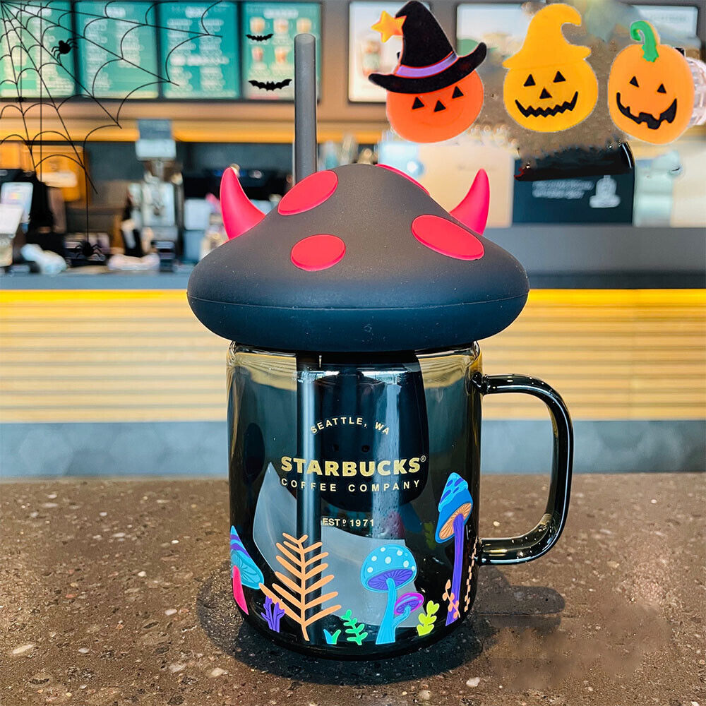 New Starbucks Halloween Gift 2021 Mushroom Mason Black Straw Glass Cup Ox Horn