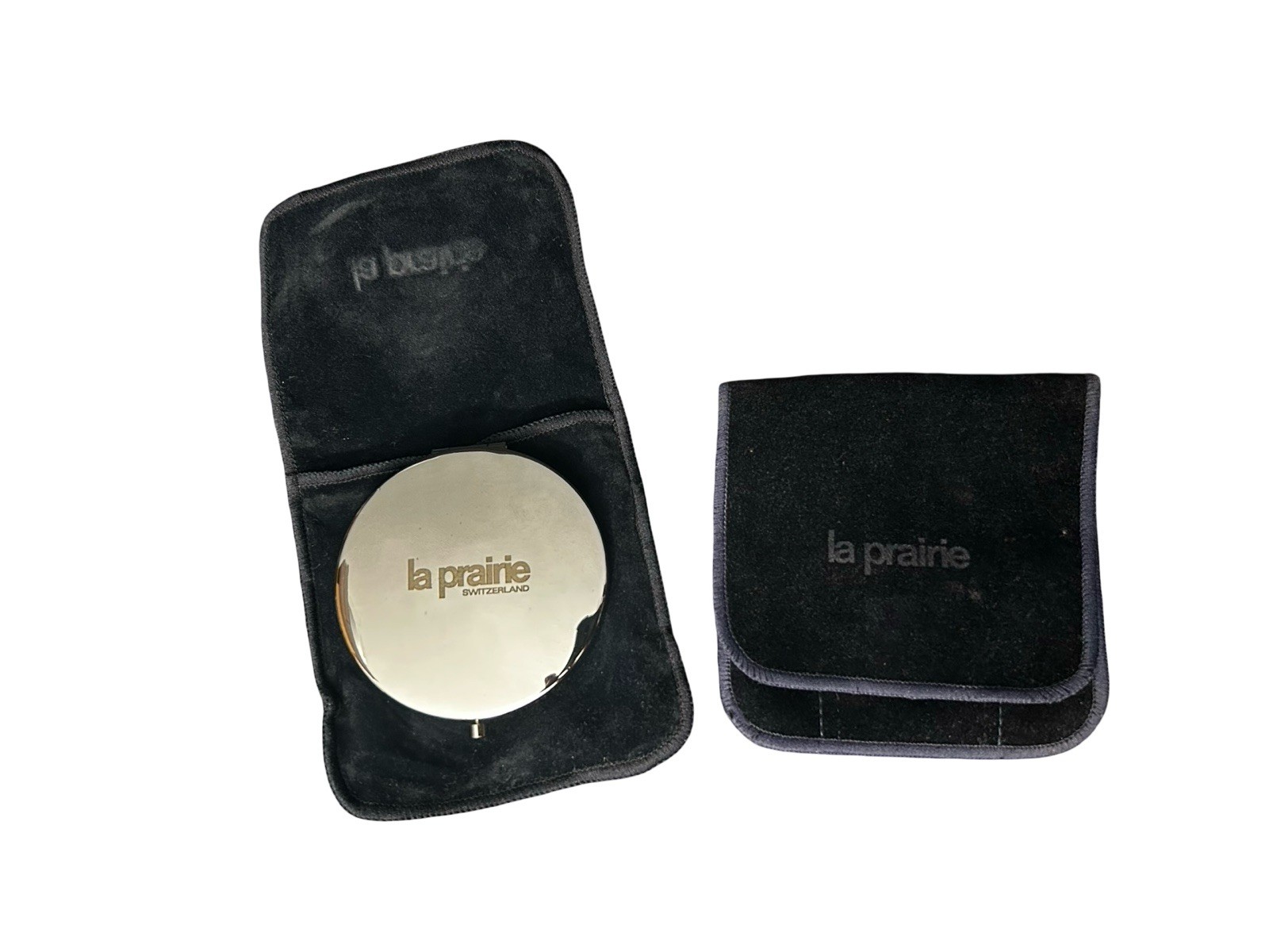 La Prairie Silver Compact Double Mirror In Dust Bag & Travel Pouch Blue La Prairie Silver Compact Double Mirror In Dust Bag & Travel Pouch Blue