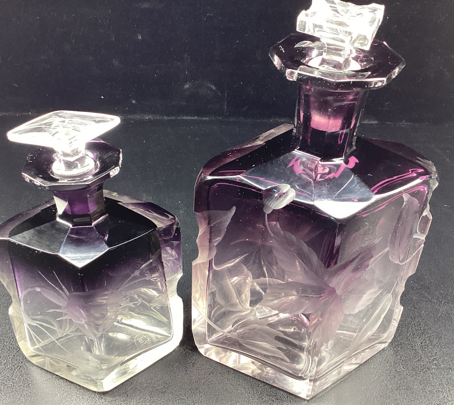 2 Pc. Antique Moser Karlsbad Hand Engraved Crystal Perfume Bottles - NICE 2 Pc. Antique Moser Karlsbad Hand Engraved Crystal Perfume Bottles - NICE