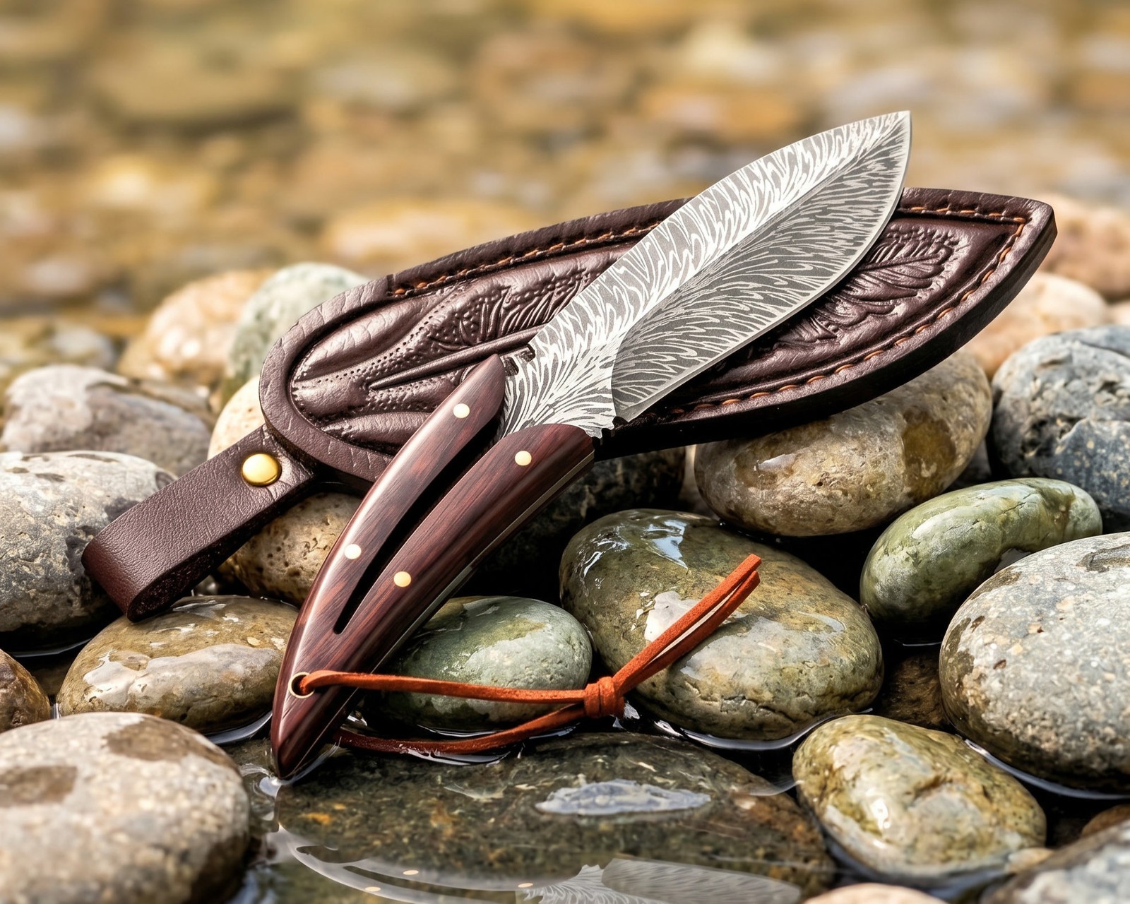 Field Knife – Layered Wood Handle – Feather‑Engraved Sheath Field Knife – Layered Wood Handle – Feather‑Engraved Sheath