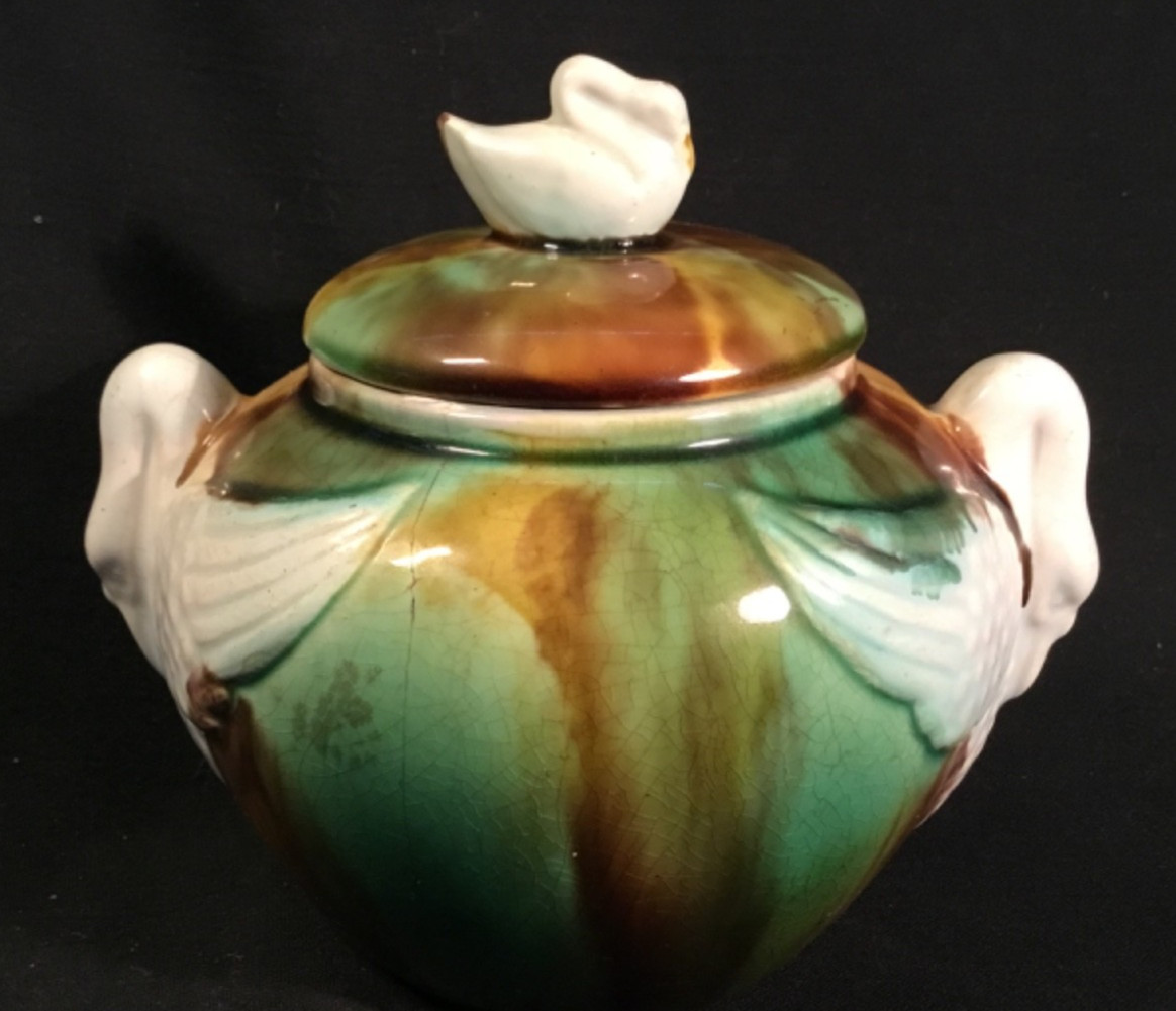 Antique Majolica Swan Handles & Finial Mottled Colors Sugar Bowl, Circa 1880 Antique Majolica Swan Handles & Finial Mottled Colors Sugar Bowl, Circa 1880