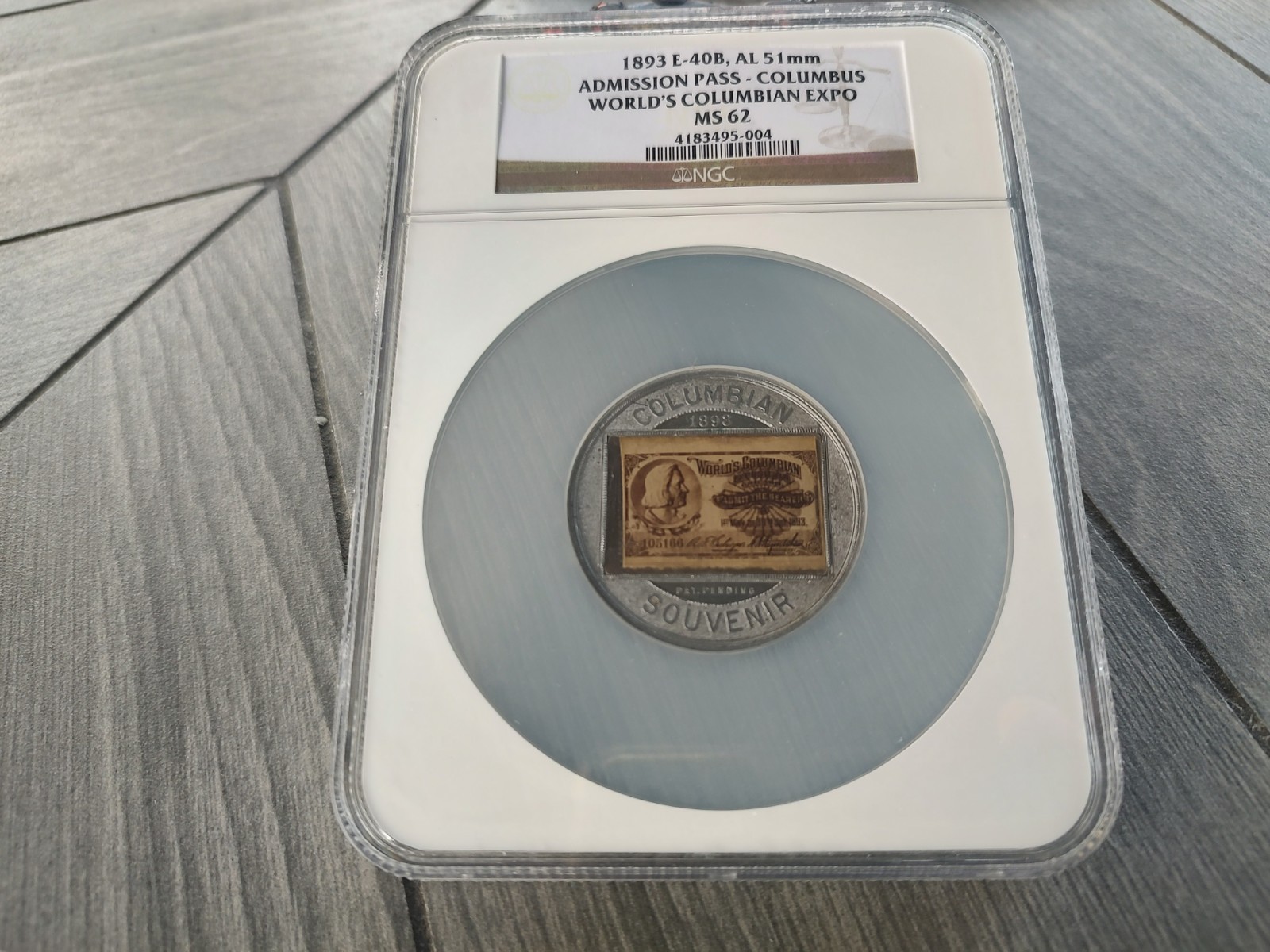 1893 E-40B EGLIT ALUMINUM TOKEN MEDAL ADMISSION PASS 51mm CHICAGO EXPO NGC MS 62