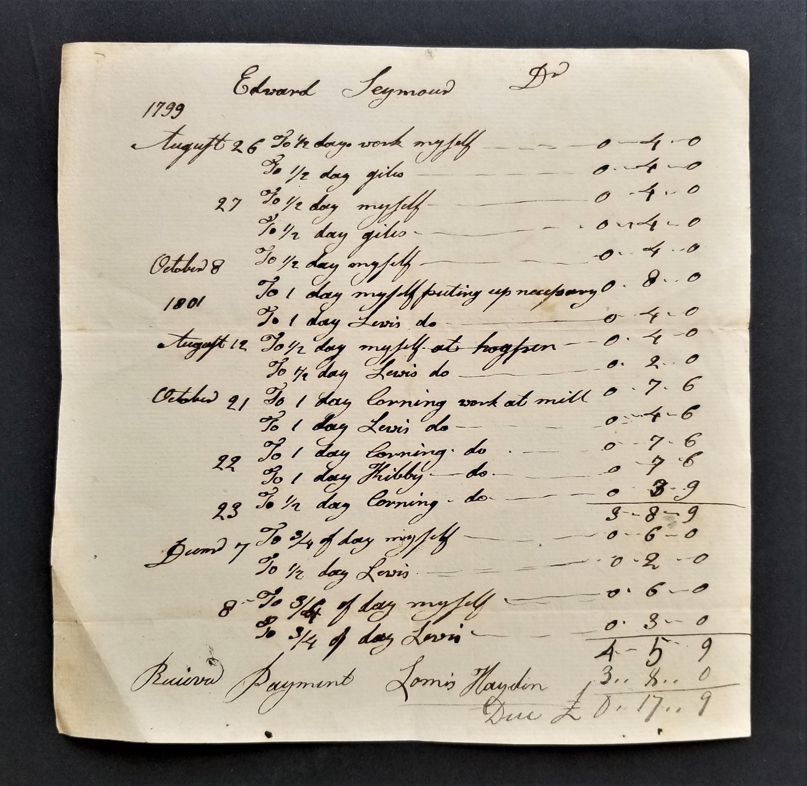 1799 antique GRIST MILL hartford ct HANDWRITTEN LABOR BILL seymour LOOMIS