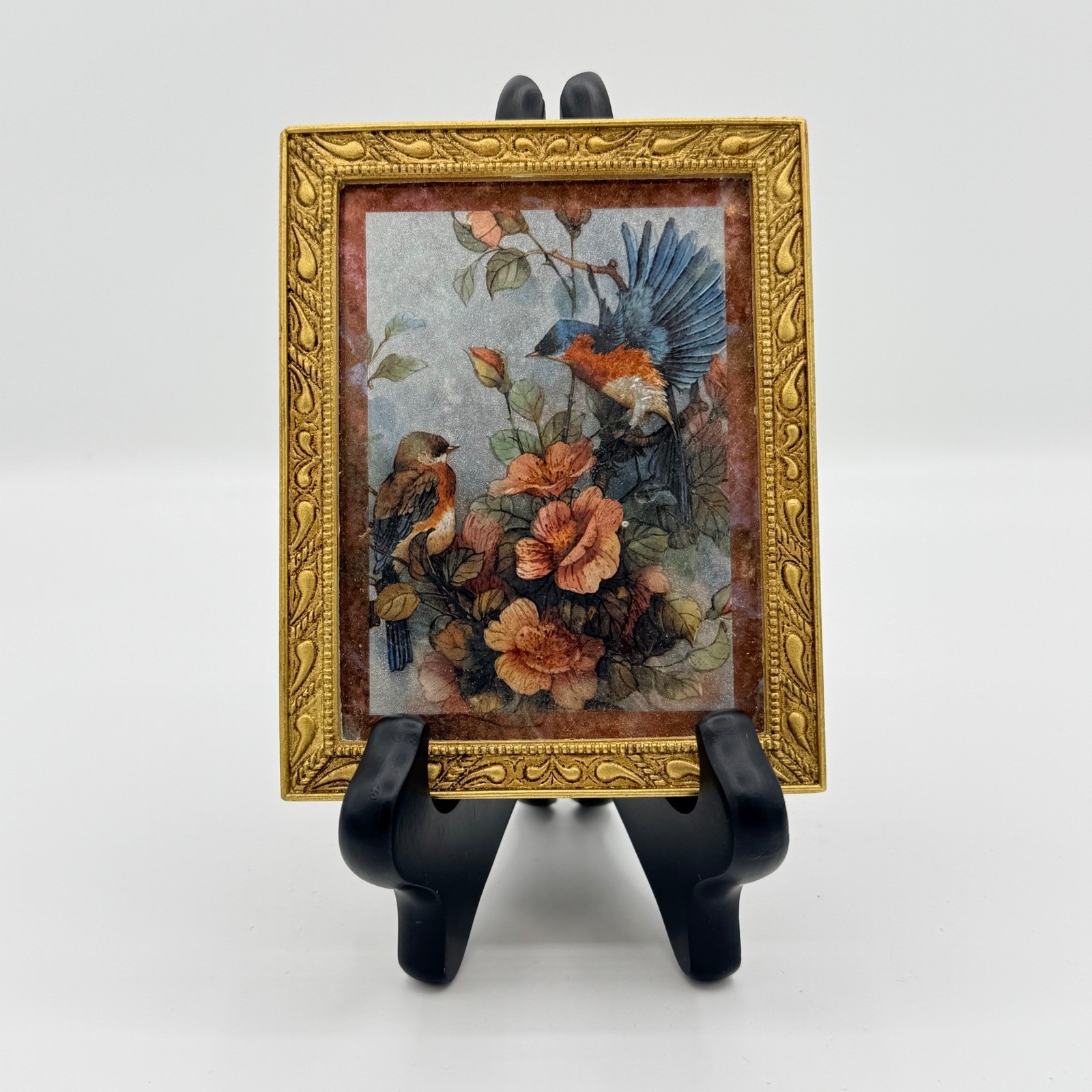 Vintage Enesco Framed Bird Floral Print Made in Mexico Cottage Decor 4.5