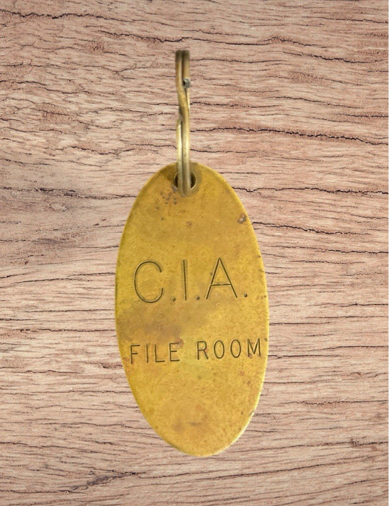 RARE C.I.A. File Room Gold Tone Engraved Vintage Brass Keychain RARE C.I.A. File Room Gold Tone Engraved Vintage Brass Keychain