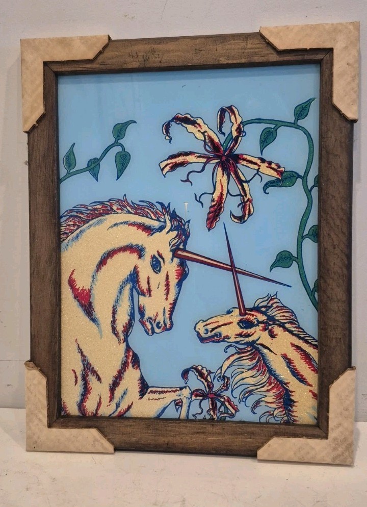 Vintage 1970s 80s Glitter Unicorn Wall Art Framed Mythical Horses Wood Frame Vintage 1970s 80s Glitter Unicorn Wall Art Framed Mythical Horses Wood Frame