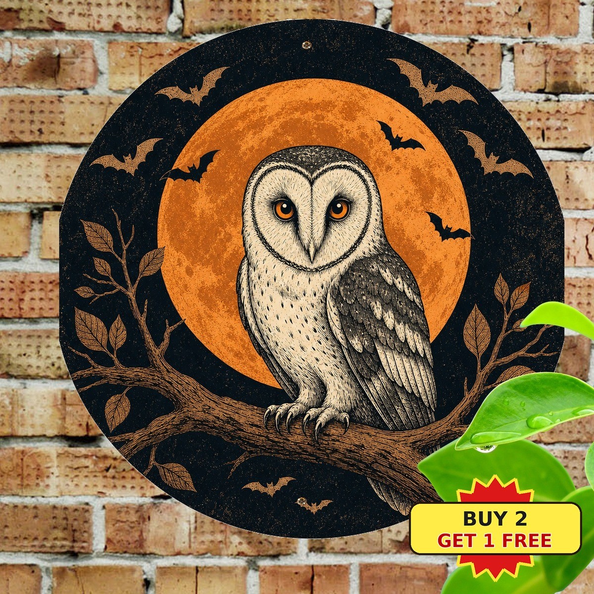 Spooky Owl Orange Full Moon Silhouette Flying Bats Halloween Metal Sign 8x8