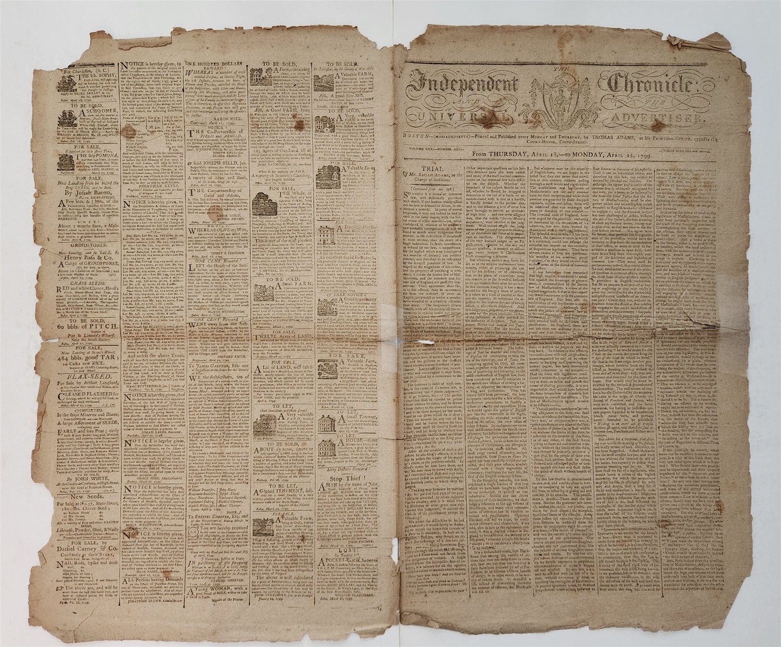 1799 antique INDEPENDENT CHRONICLE boston ma NEWSPAPER THOMAS ADAMS 1c reward