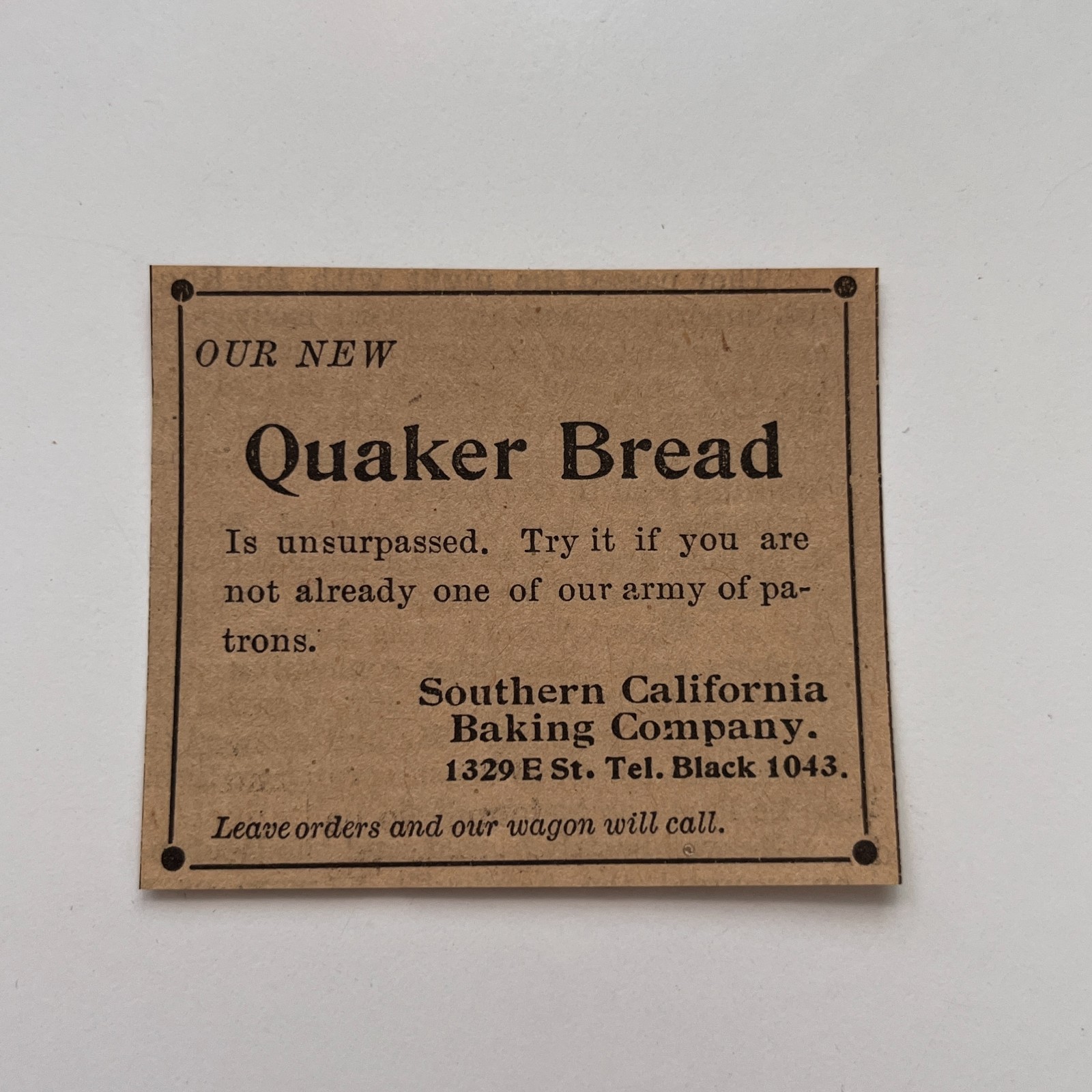 Southern California Baking Co Quaker Bread E St 1896 San Diego Clipping TAJ9-S58 Southern California Baking Co Quaker Bread E St 1896 San Diego Clipping TAJ9-S58