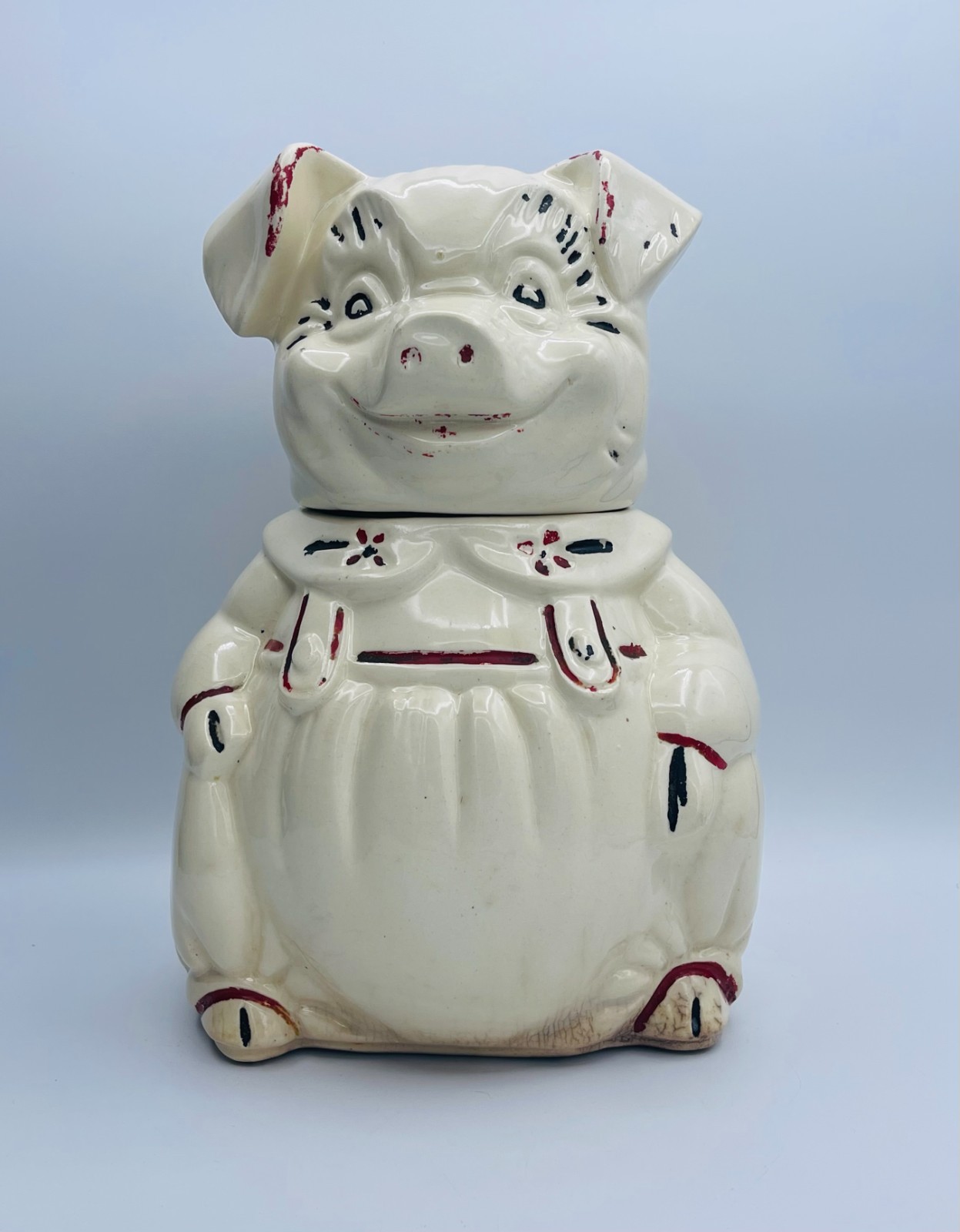 Vintage 1944 APCO Smiley Pig Overalls Cookie Jar American Bisque Patent 137120