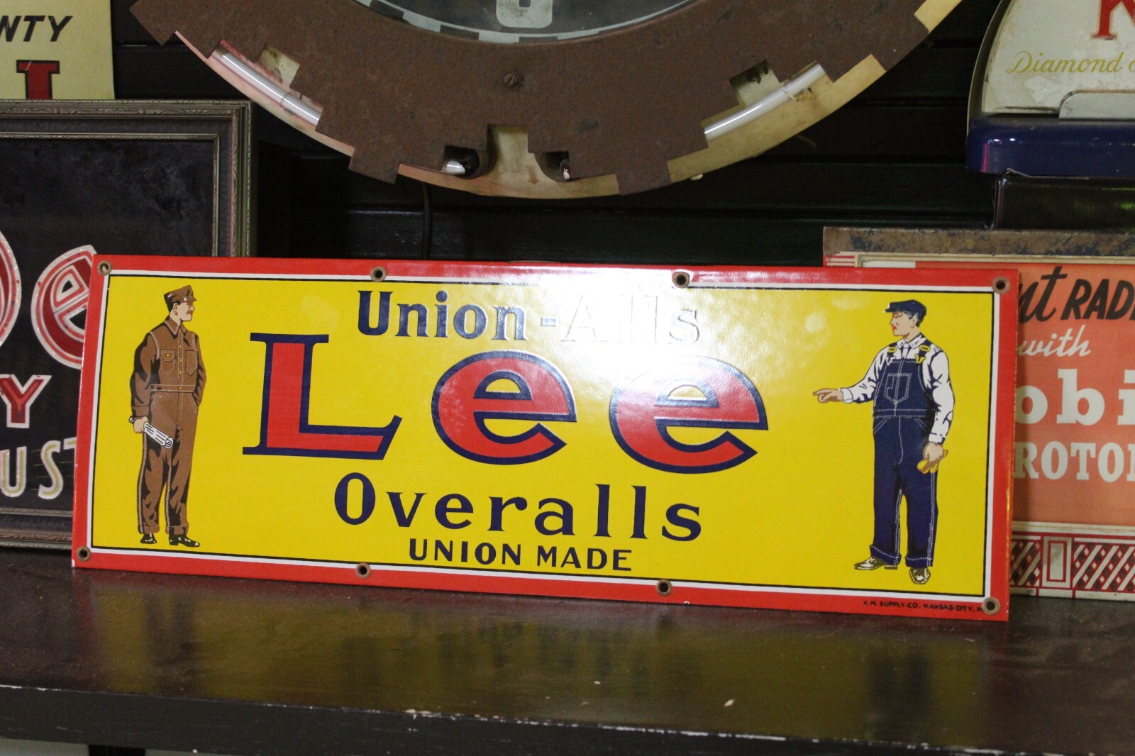 RARE LEE OVERALL UNION MADE DEALER PORCELAIN METAL WORK WEAR DENIM JEANS CLOTHES