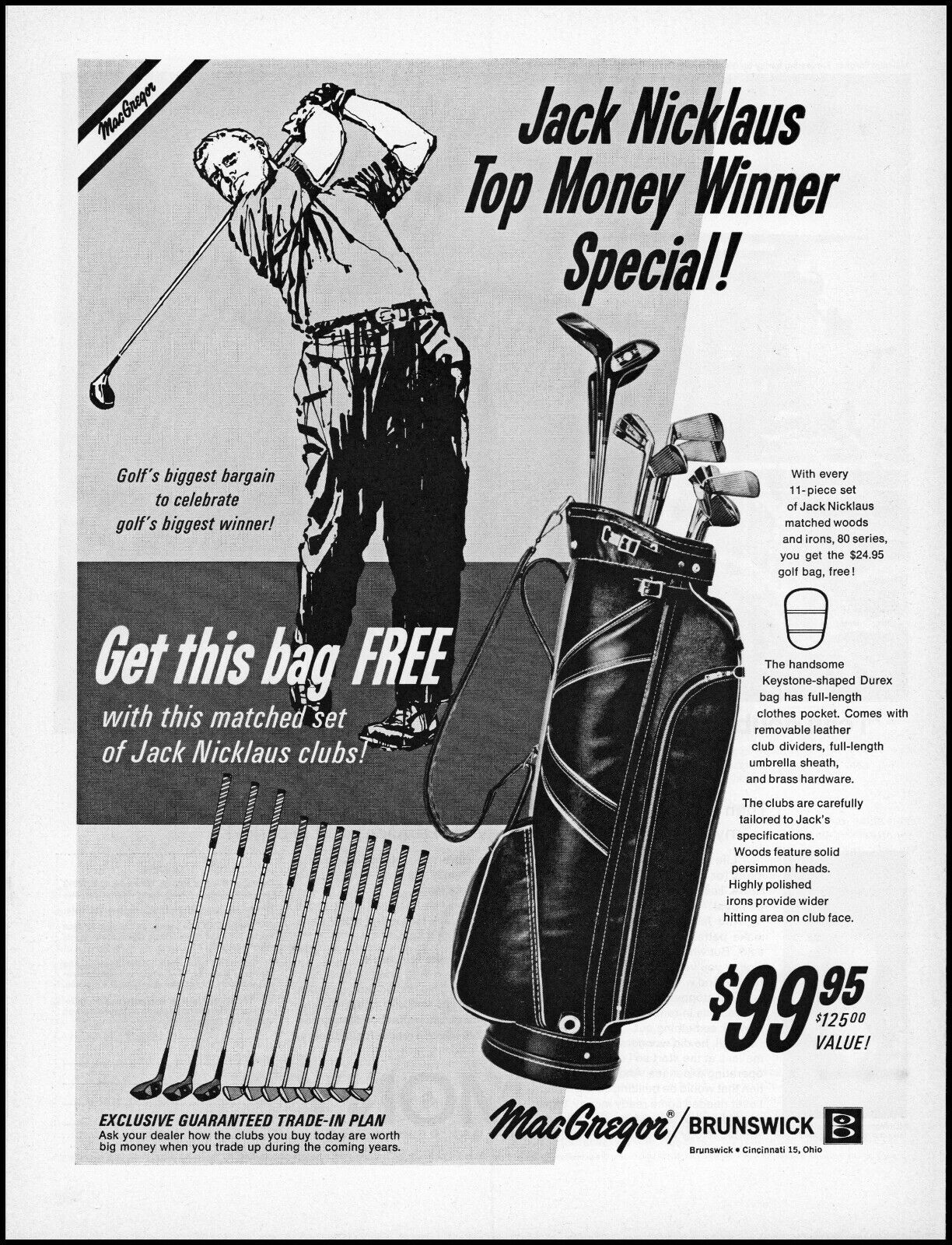 1966 Jack Nicklaus art MacGregor Jack Nicklaus golf clubs bag retro print ad L33