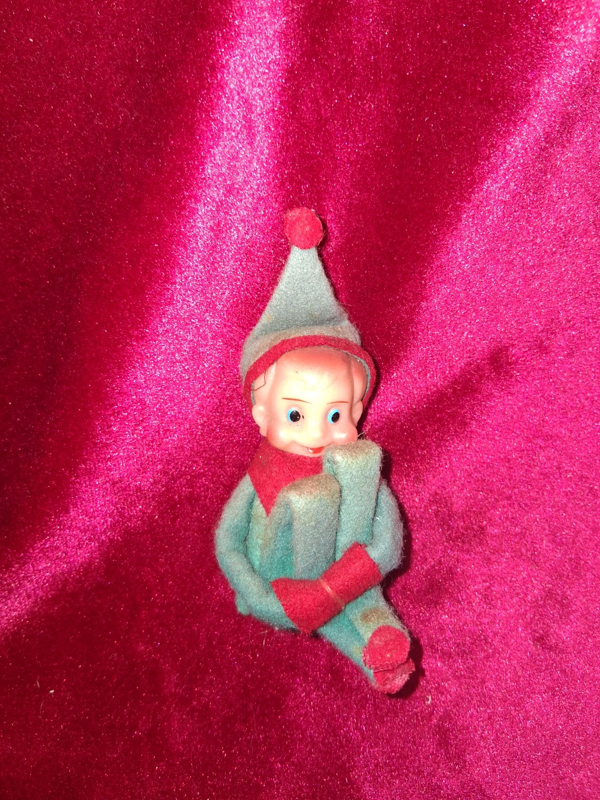 Vintage Knee Hugger Elf Felt & Plastic Christmas Figurine 4