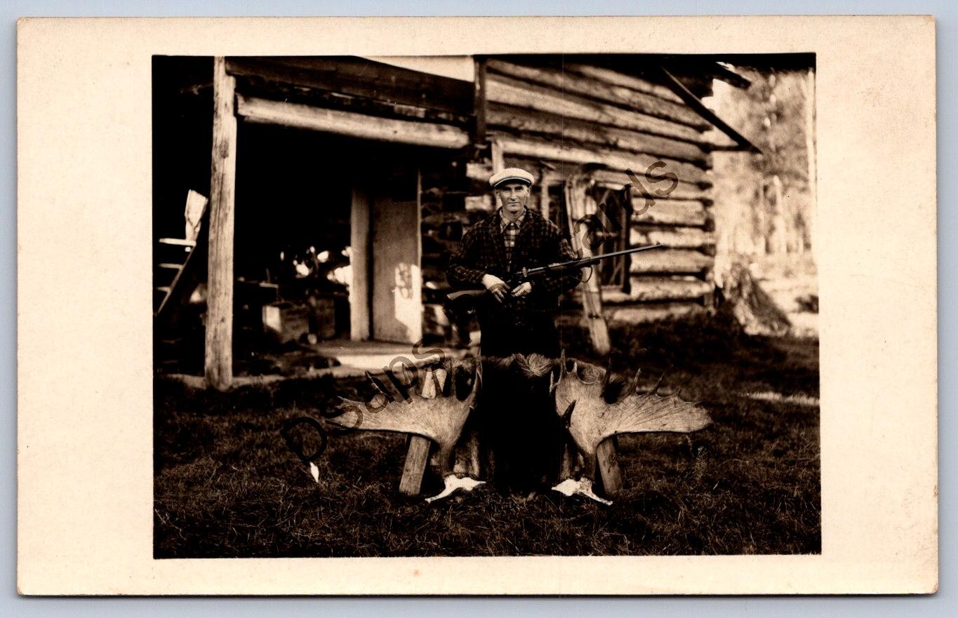 K57/ Interesting RPPC Postcard c1910 Man Log Cabin moose Hunting Rifle 344 K57/ Interesting RPPC Postcard c1910 Man Log Cabin moose Hunting Rifle 344