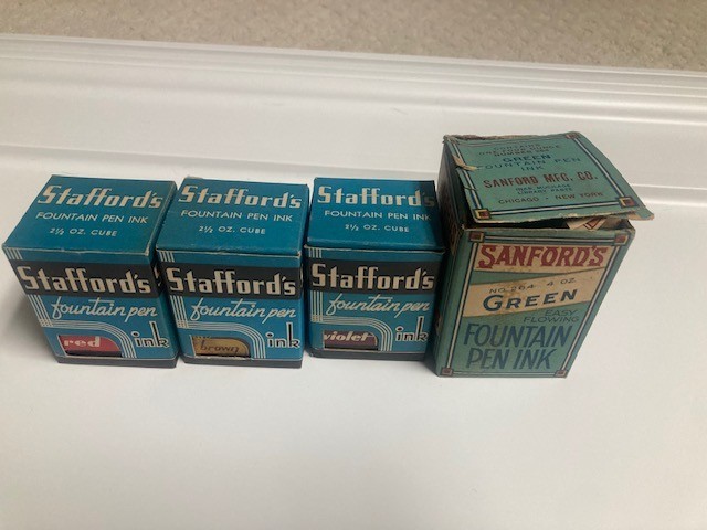 Vintage Fountain Pen Ink Bottle Lot - Stafford\'s & Sanford\'s (4 red/brown/viole)
