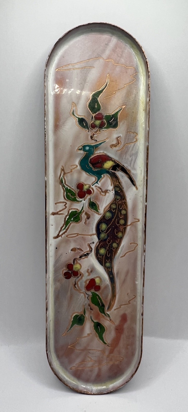 Enameled Copper Plate Tray De Kern Holland Bird Hand Painted Vintage