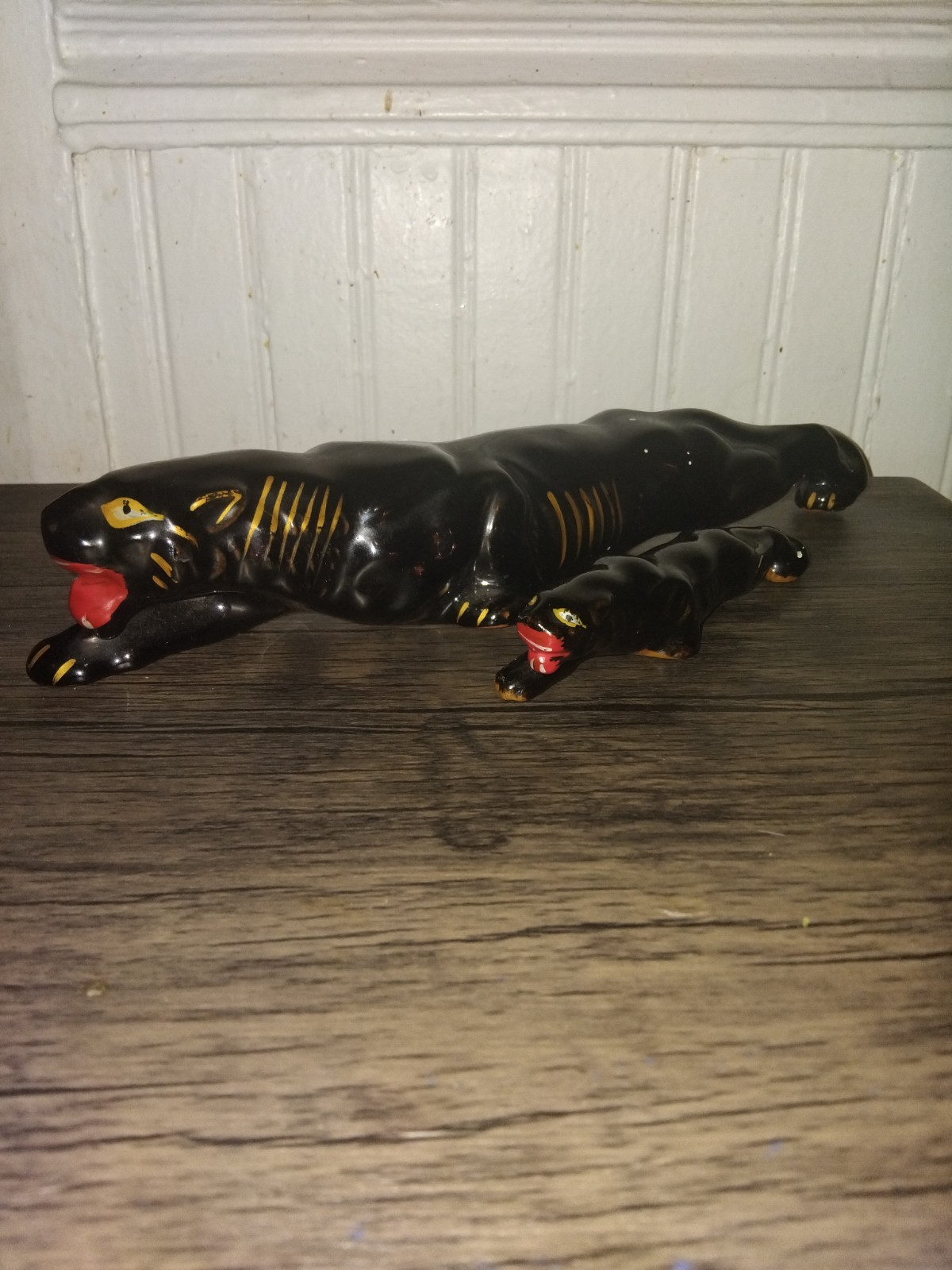Vintage 1950s Ceramic Black Panther Set Cub Mom Japan Redware MCM Prowling 5.5\ Vintage 1950s Ceramic Black Panther Set Cub Mom Japan Redware MCM Prowling 5.5\