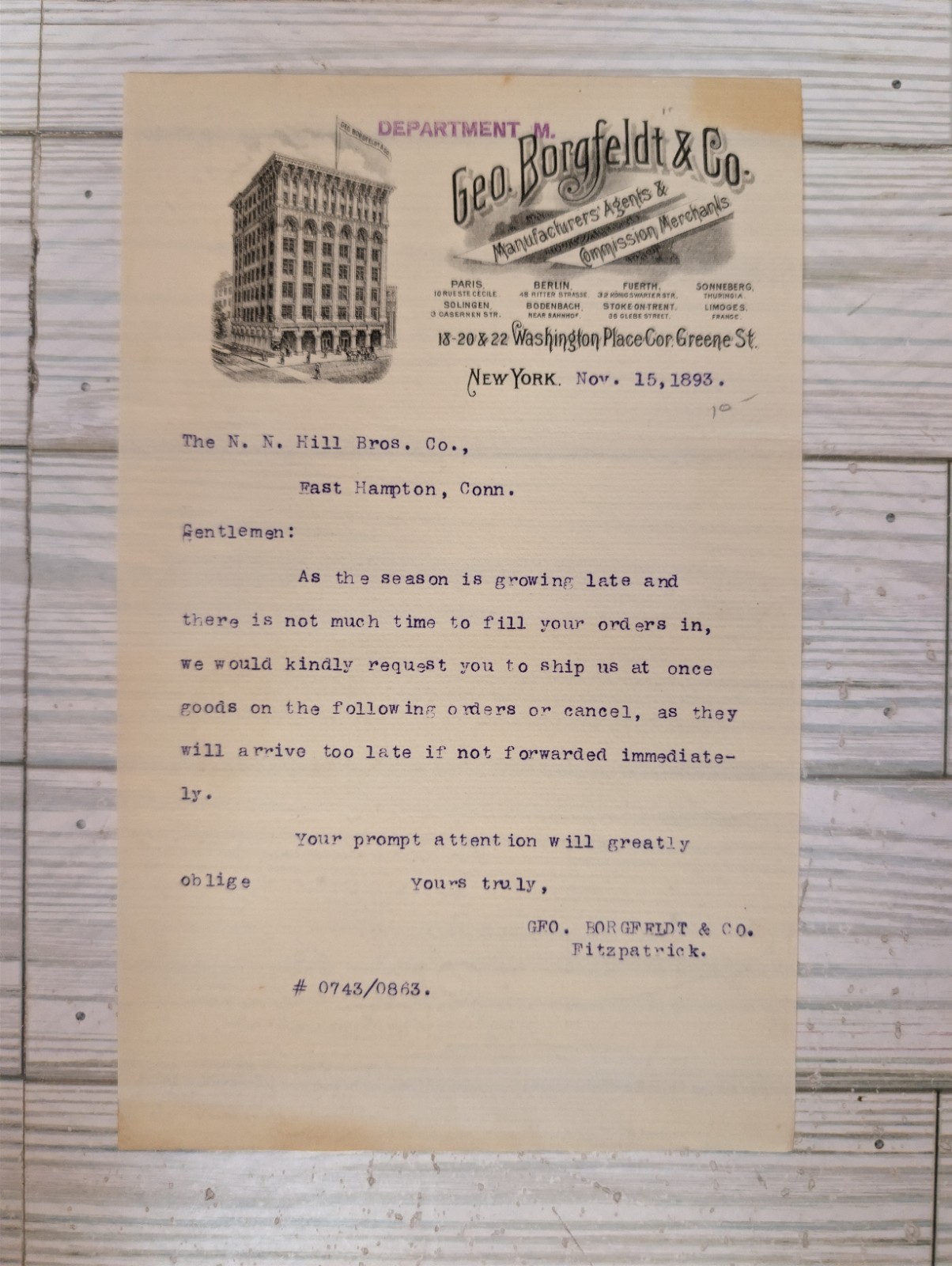 1893 Geo Borgfeldt & Co Letterhead New York East Hampton Conn Antique