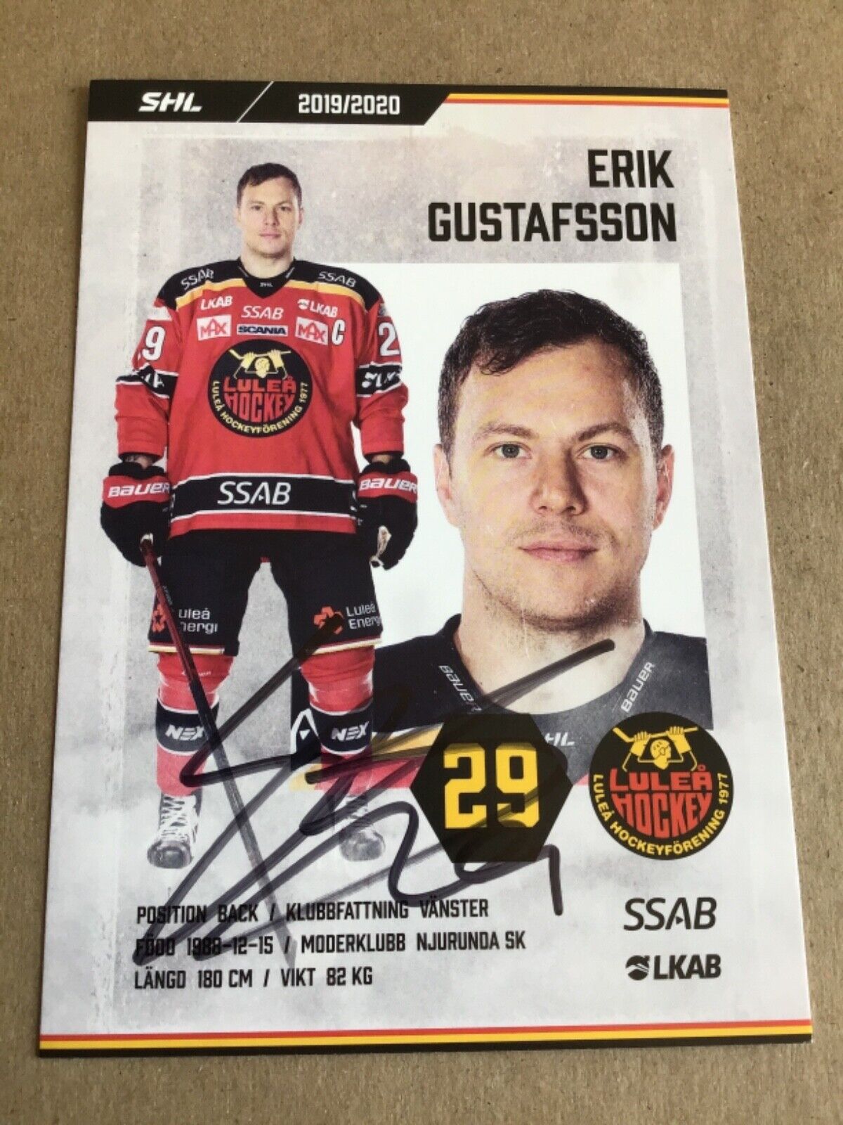 Erik Gustafsson, Hockey Lulea HF, Sweden 🇸🇪 2019/20 hand signed