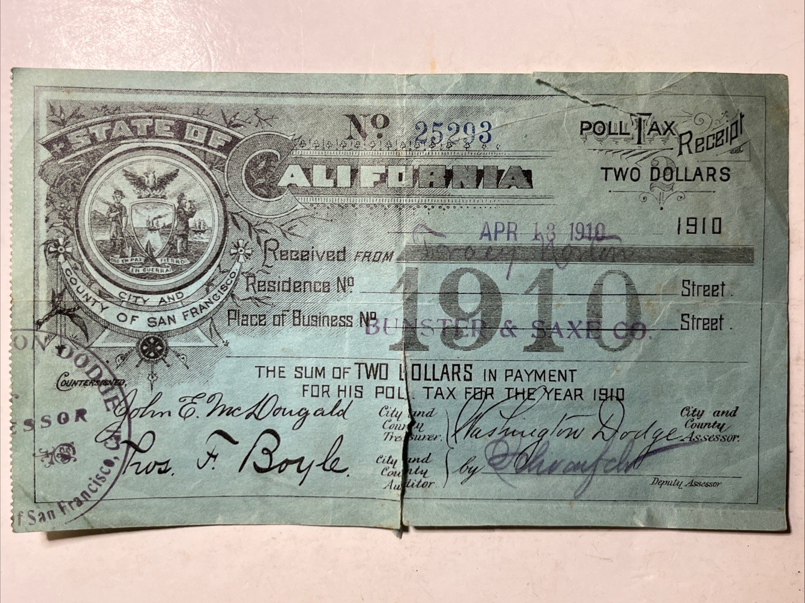 Vintage 1910 Poll Tax Receipt San Francisco County California with Stamps