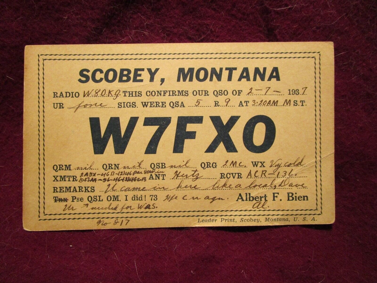QSL Card Vintage      W7FXO   Scobey,  Montana  1937  Albert Bein