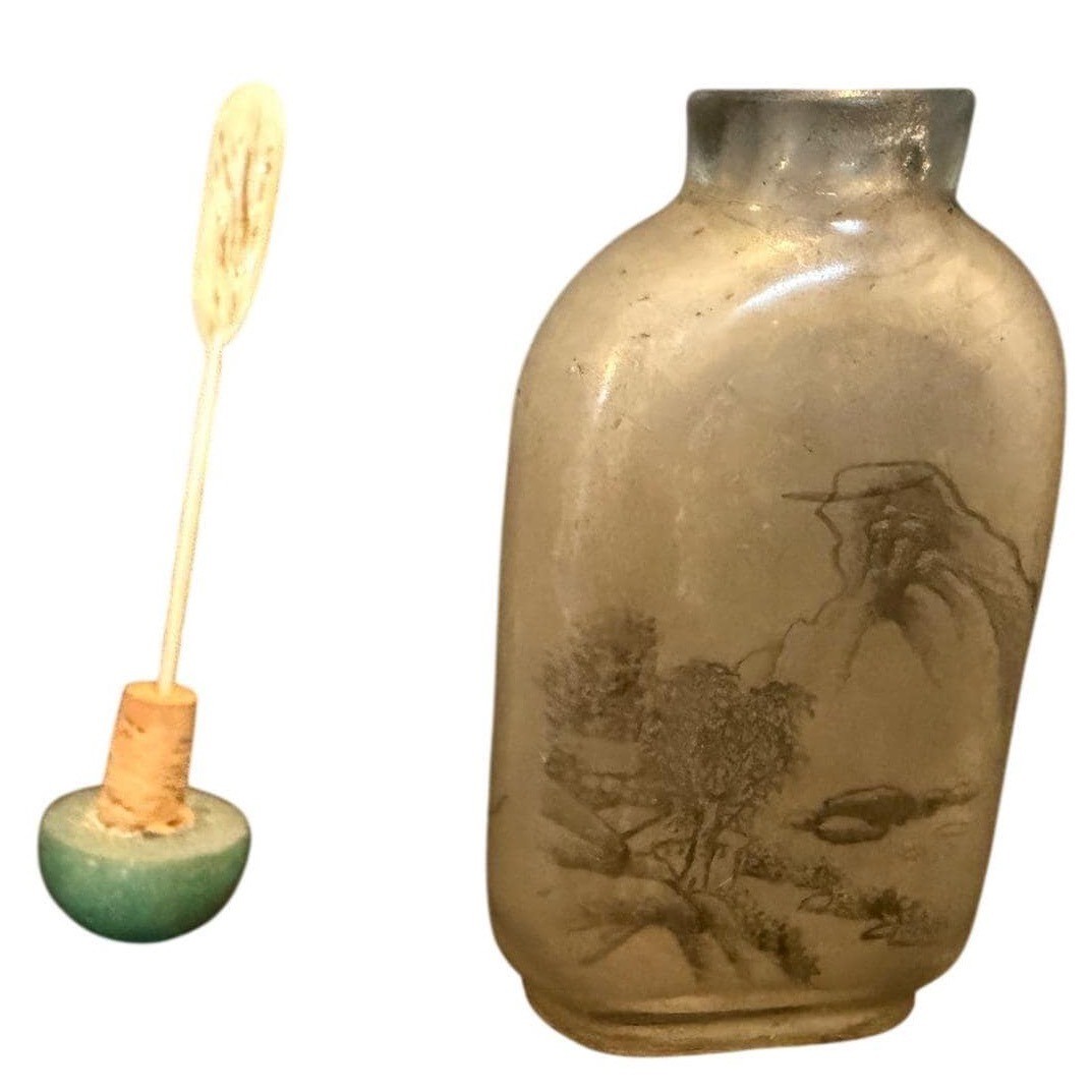 Vintage Chinese Frosted Glass Snuff Bottle Hand Painted Interior Landscape Art