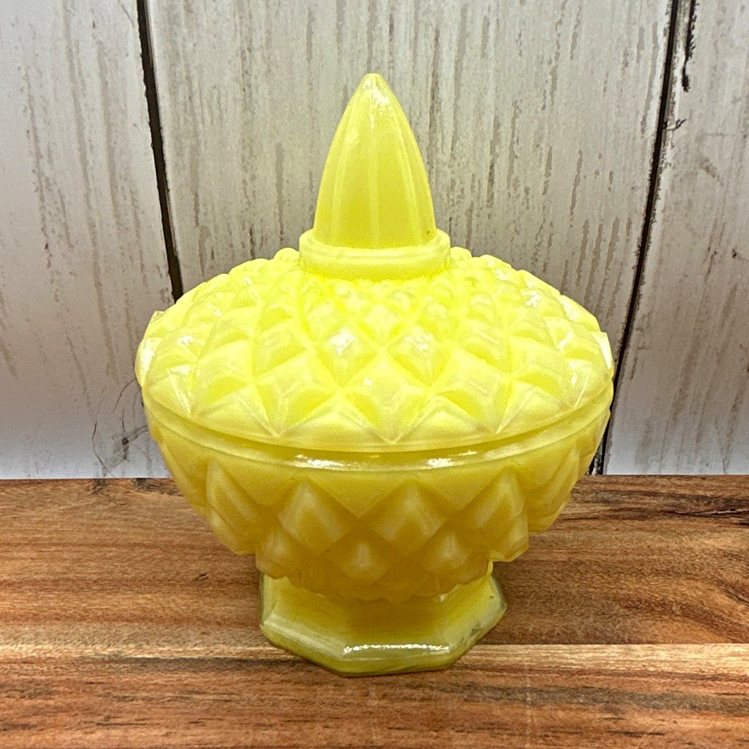 Boyd Crystal Art Glass Yellow Slag Covered Dish Jar Diamond B Vintage