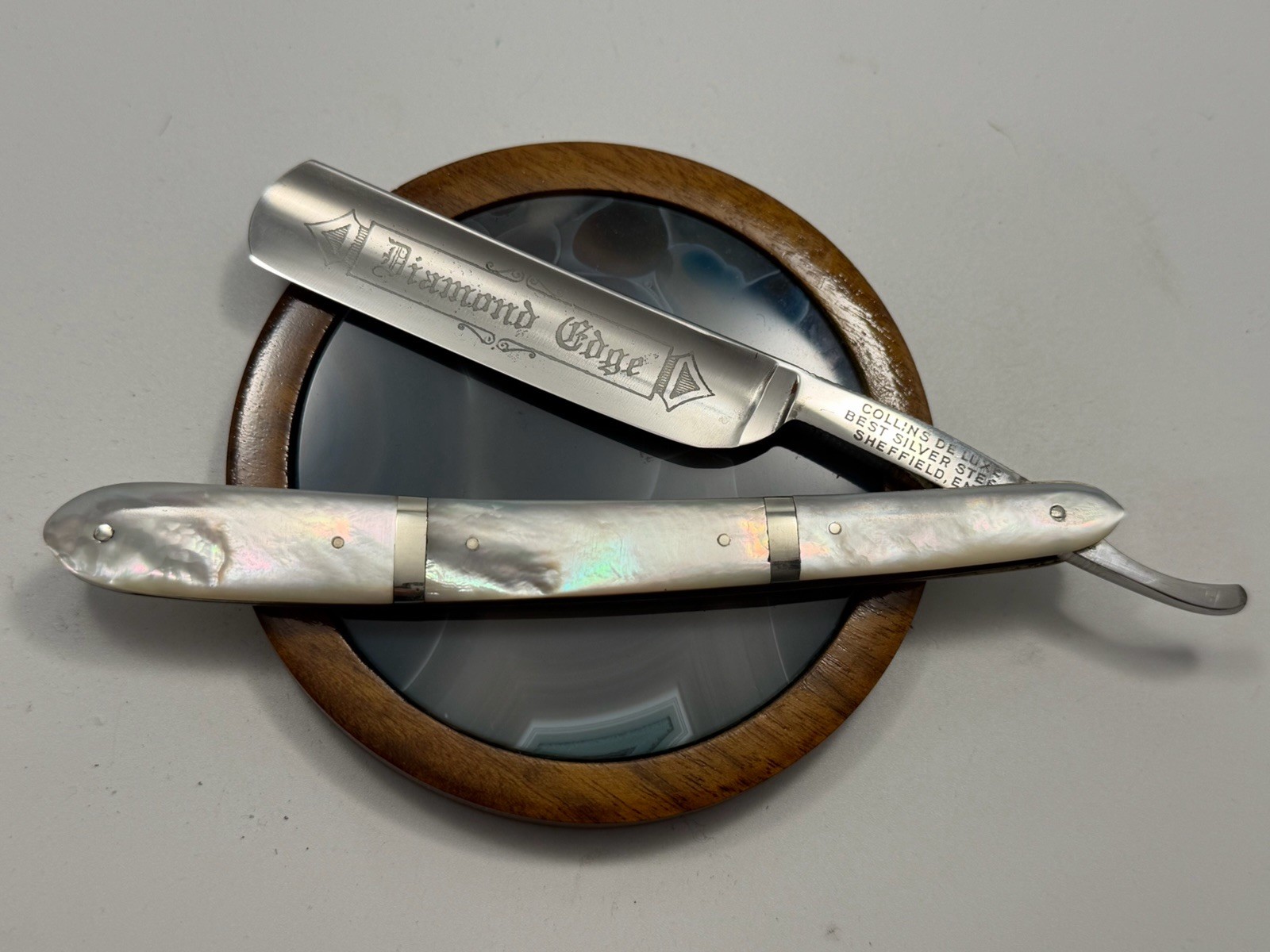 Vintage Excellent 5/8” Collins De Luxe MOP Best Silver Steel Razor Shave Ready