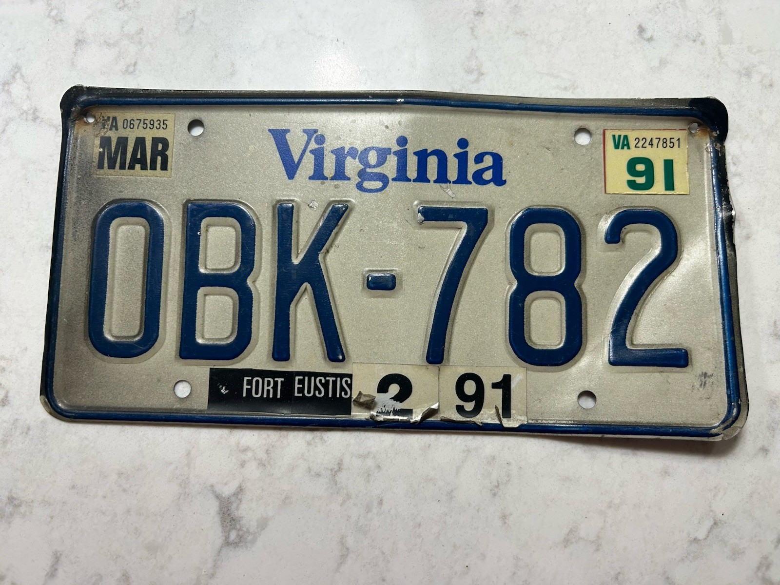 VTG 1991 Virginia License Plate Fort Eustis Military Base Decal OBK-782 Expired VTG 1991 Virginia License Plate Fort Eustis Military Base Decal OBK-782 Expired