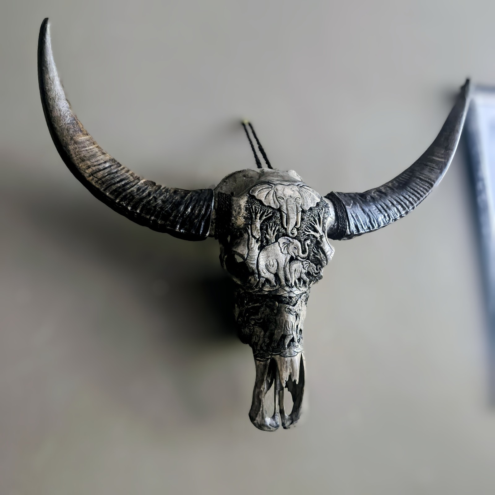Large Hand Carved Water Buffalo Skull Elephant Motif π Large Hand Carved Water Buffalo Skull Elephant Motif π