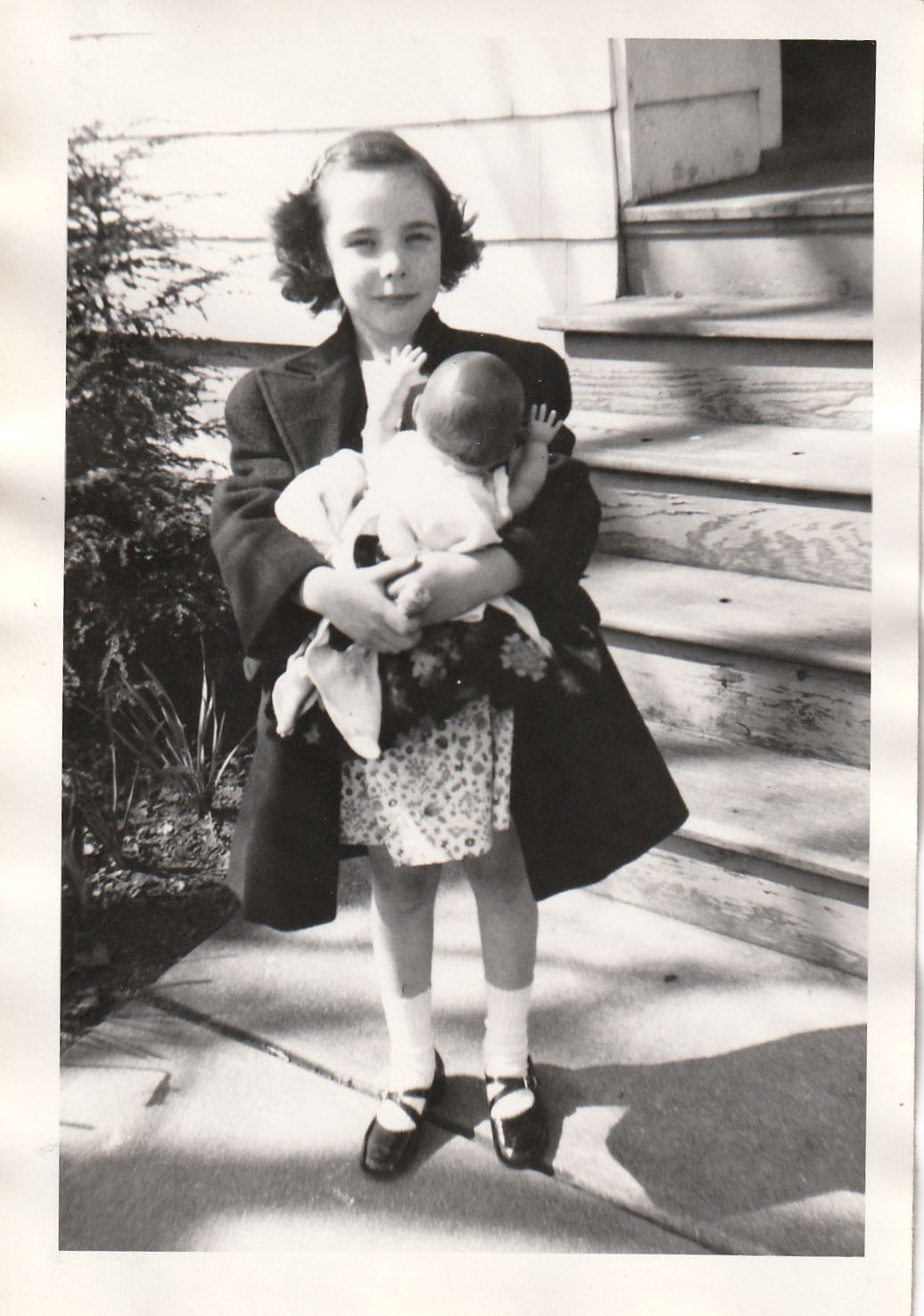 Vintage Photo 1940s Young Girl Baby Doll Toy Dark Coat Fashion American Hairdo Vintage Photo 1940s Young Girl Baby Doll Toy Dark Coat Fashion American Hairdo