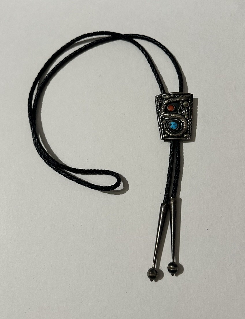 Vintage Navajo Sterling coral turquoise snake bolo tie Vintage Navajo Sterling coral turquoise snake bolo tie