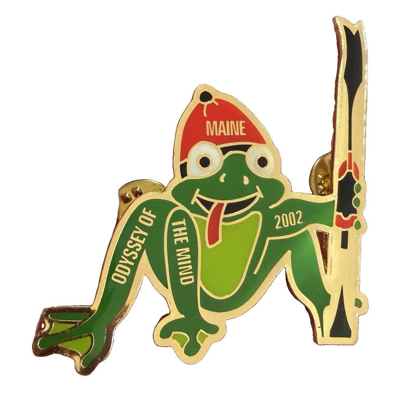 Rare Vintage Frog Pin Odyssey of the Mind Skiing Gold Enamel Maine OOTM Green