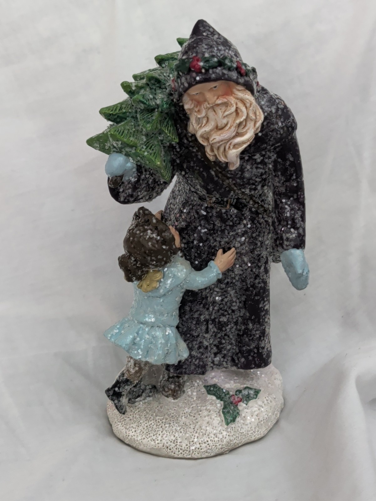 Vintage Santa Claus Figurine Dark Robe Christmas Tree Little Girl Frosted 7\ Vintage Santa Claus Figurine Dark Robe Christmas Tree Little Girl Frosted 7\