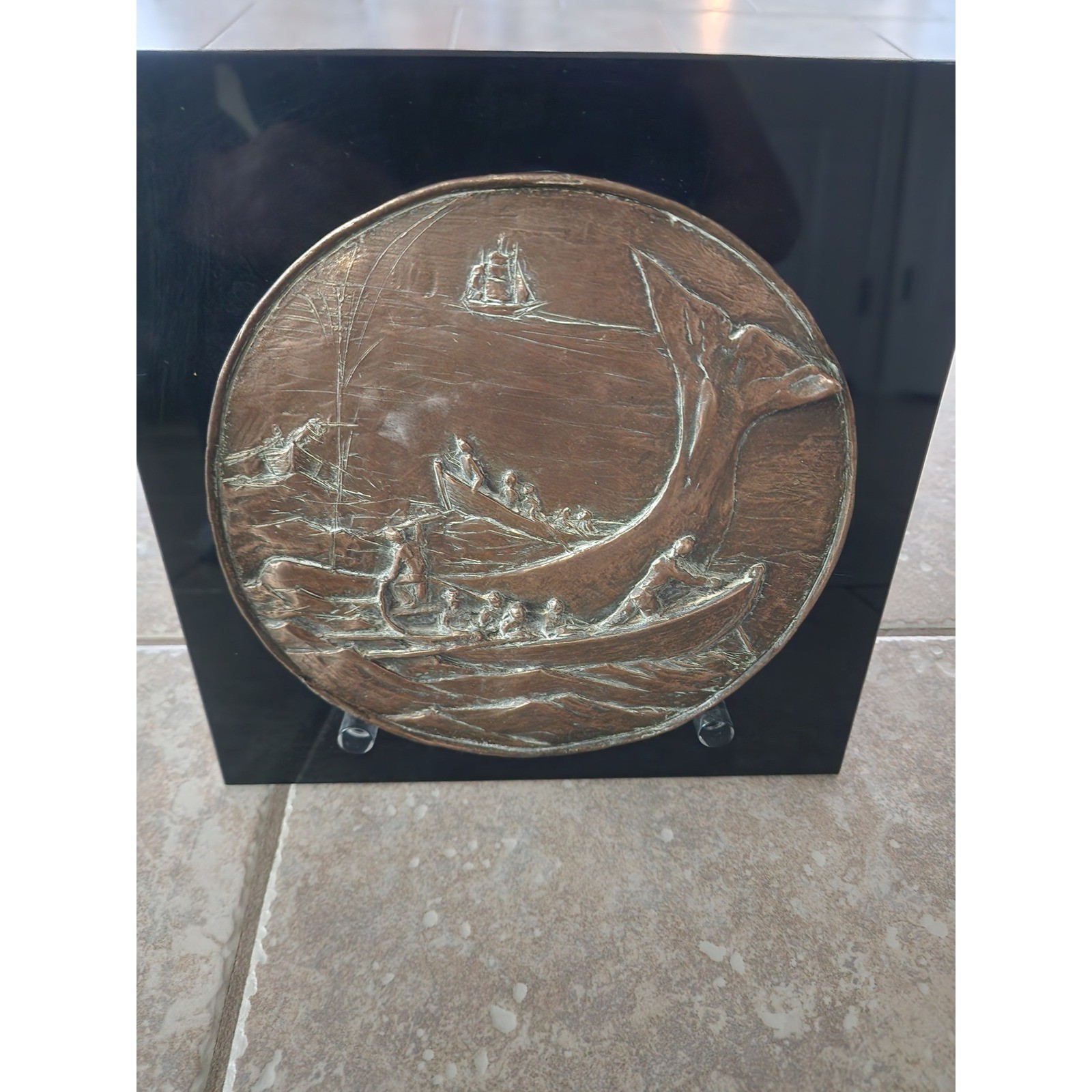 Vintage Bronze Moby Dick Scene and Stand Plaque Nautical Whale Maritime Art Vintage Bronze Moby Dick Scene and Stand Plaque Nautical Whale Maritime Art