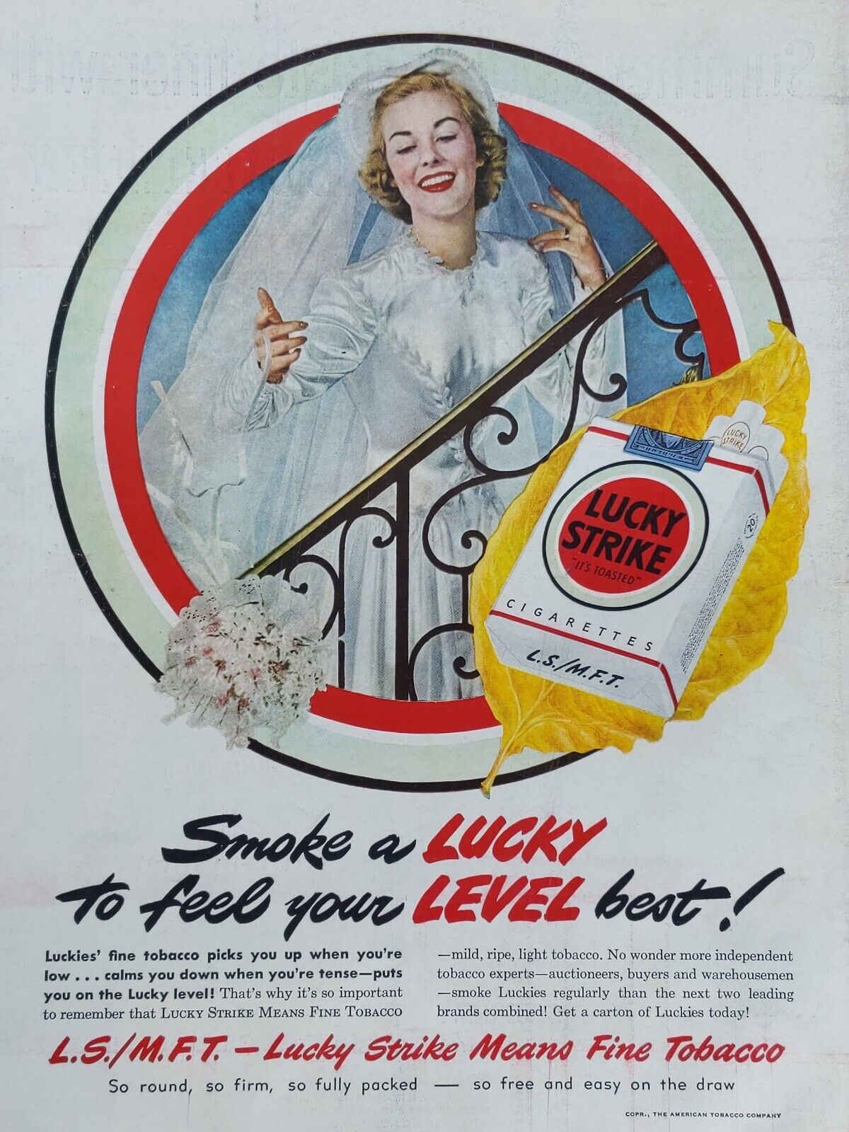 1949 vintage lucky strike print ad. Smoke a lucky to feel your level best