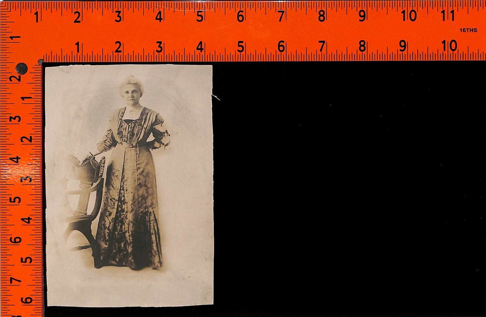 Photo Victorian Edwardian Woman Standing Full Length Ruffled Floral Dress