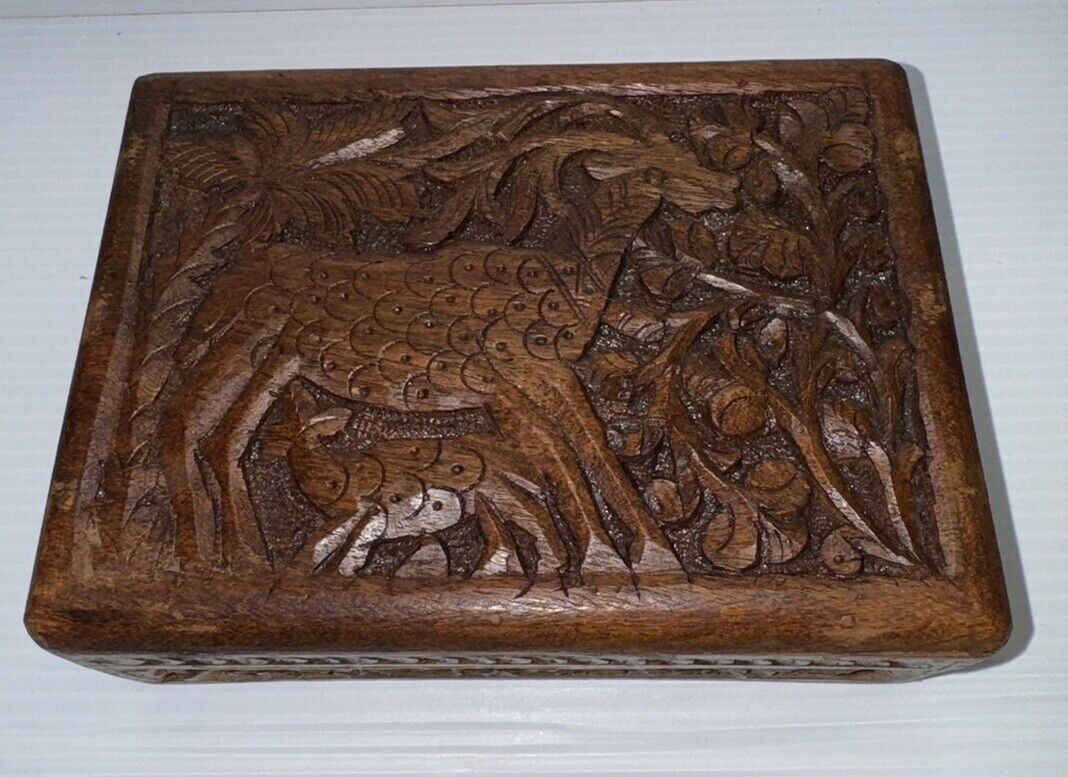 Vintage Small Wooden Box Jewelry Trinket Hand Carved Wood Momma Deer India\