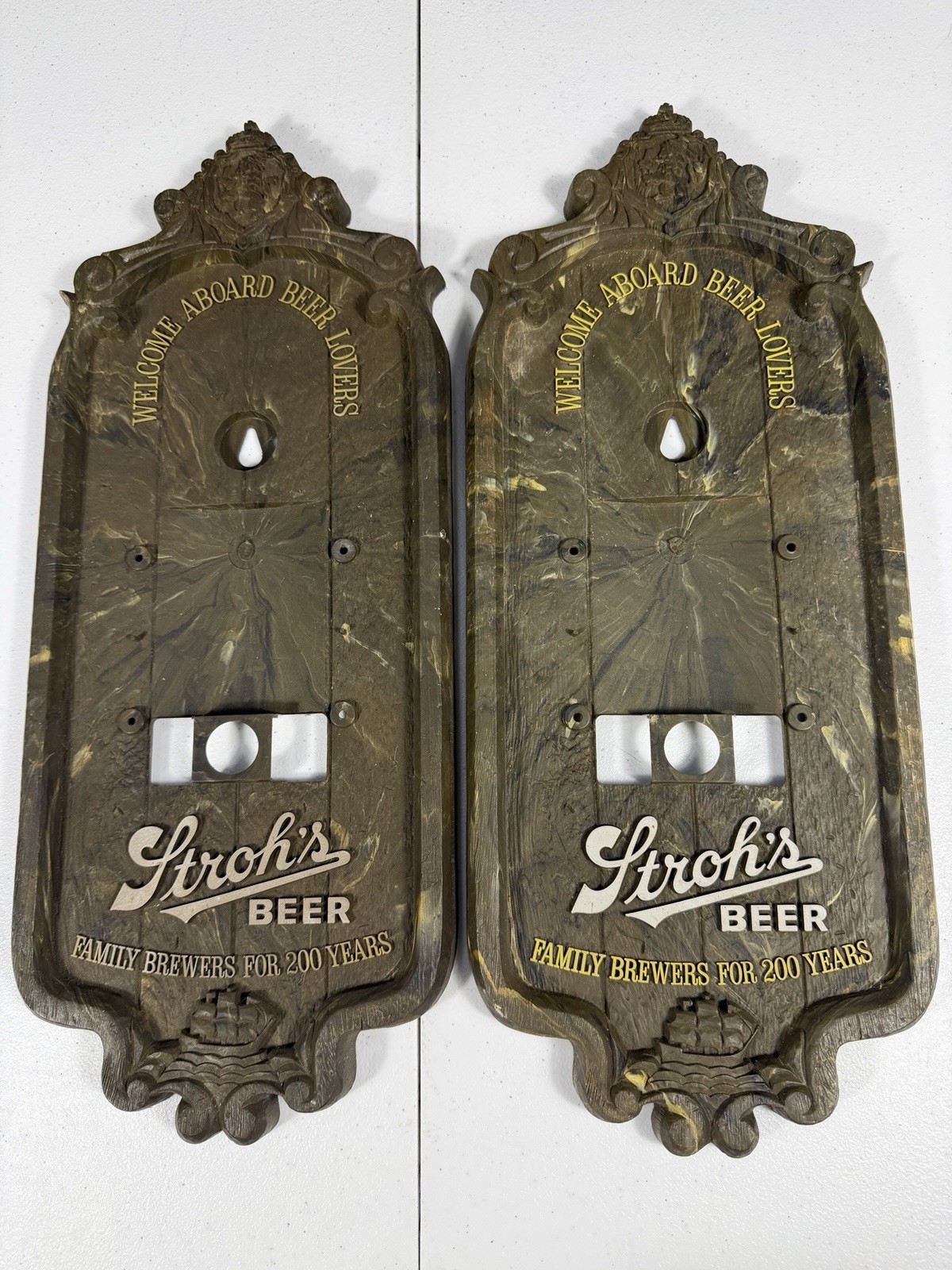 Pair Vintage Stroh’s “Welcome Aboard Beer Lovers” Plastic Signs Pair Vintage Stroh’s “Welcome Aboard Beer Lovers” Plastic Signs
