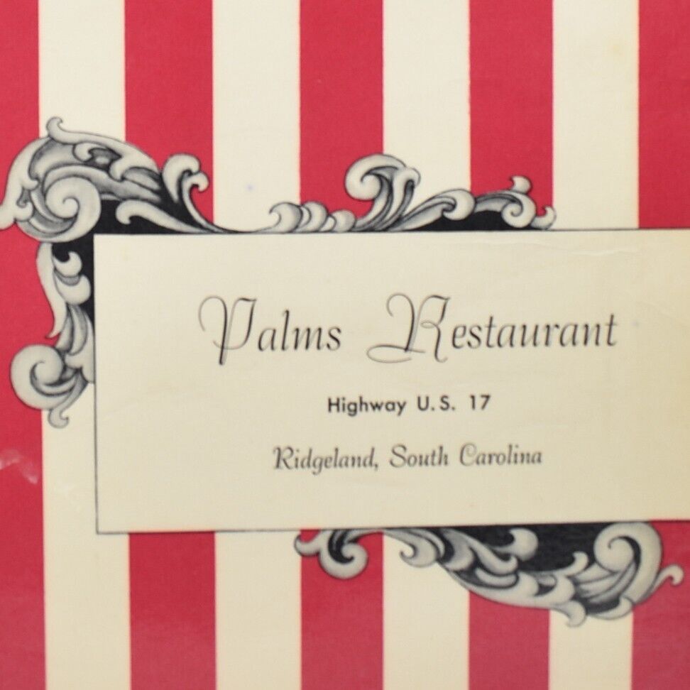 1950s Palms Restaurant Menu Highway 17 Ridgeland Jasper Beaufort North Carolina