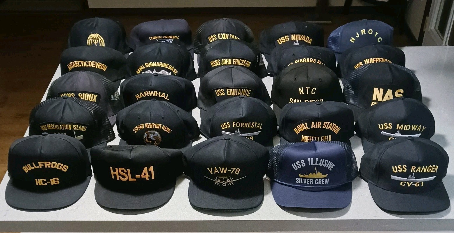 Vintage US Navy 80s 90s Snapback Hat Lot x25 Carriers Ships Planes Stations Heli Vintage US Navy 80s 90s Snapback Hat Lot x25 Carriers Ships Planes Stations Heli