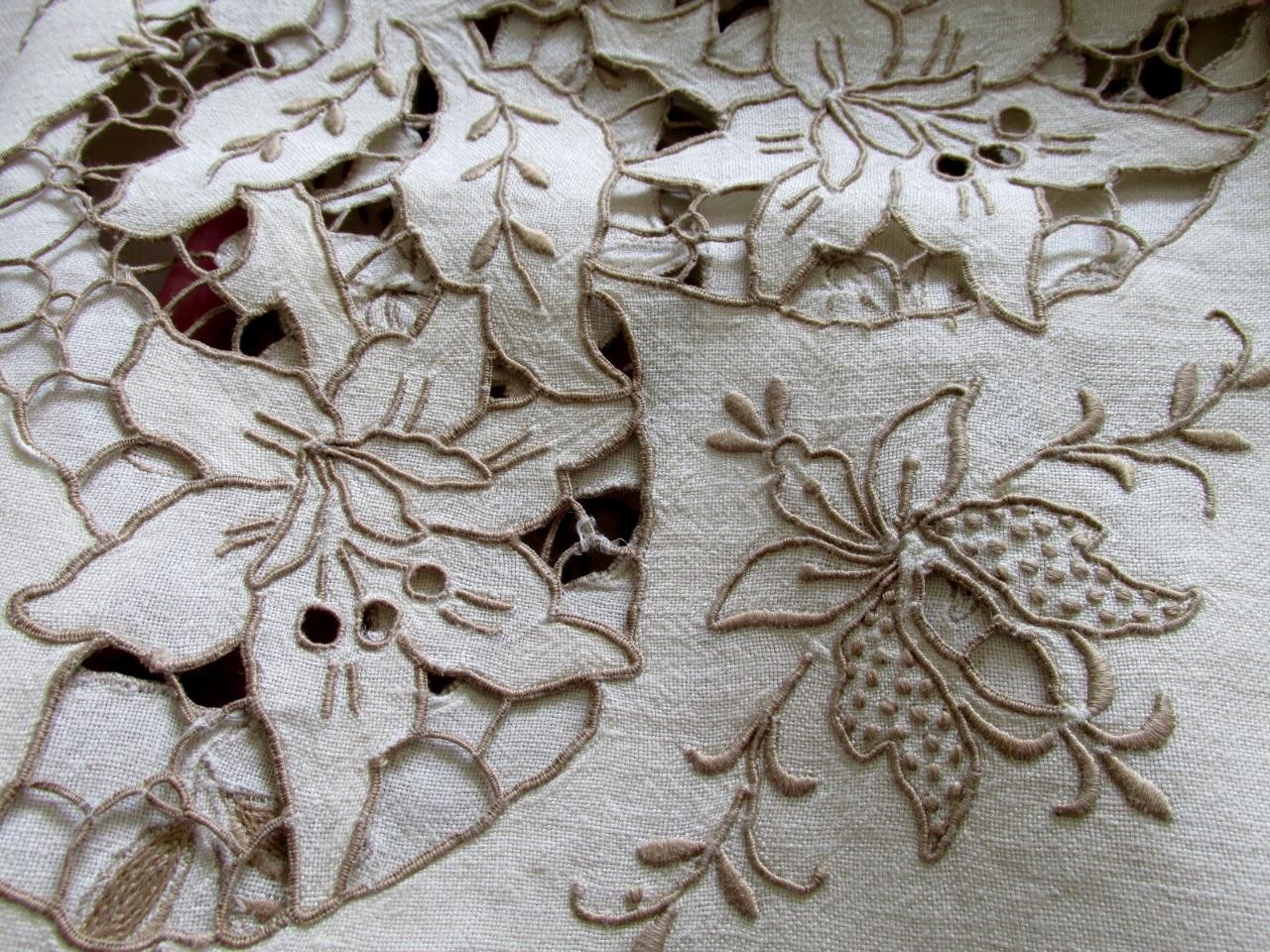 Vintage 1950\'s Madiera Hand Embroidered Cutwork White Linen Tablecloth Vintage 1950\'s Madiera Hand Embroidered Cutwork White Linen Tablecloth