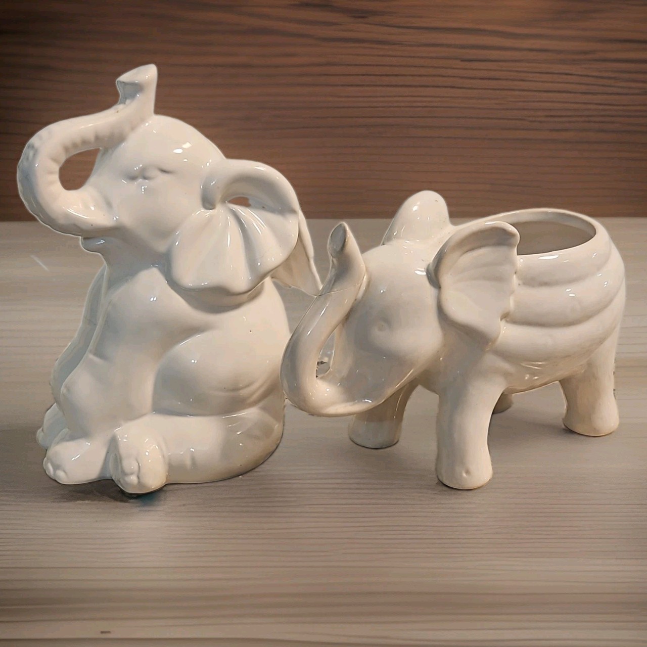 White Ceramic Elephant Angel Figurine And Planter/ Candle Holder SET