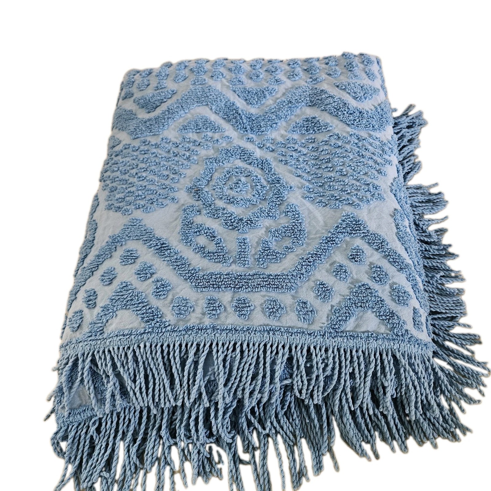 VTG Bates Chenille Bedspread Blue Tufted Cotton Medallion Scroll Fringe USA 105 VTG Bates Chenille Bedspread Blue Tufted Cotton Medallion Scroll Fringe USA 105