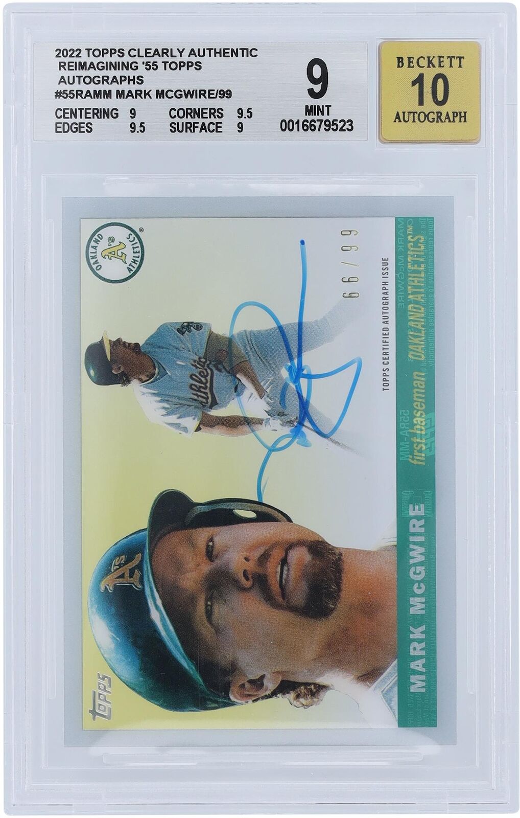 Mark McGwire A\'s Signed 2022 Topps Clearly Authentic 55RA-MM 66/99 BGS 9/10 Card