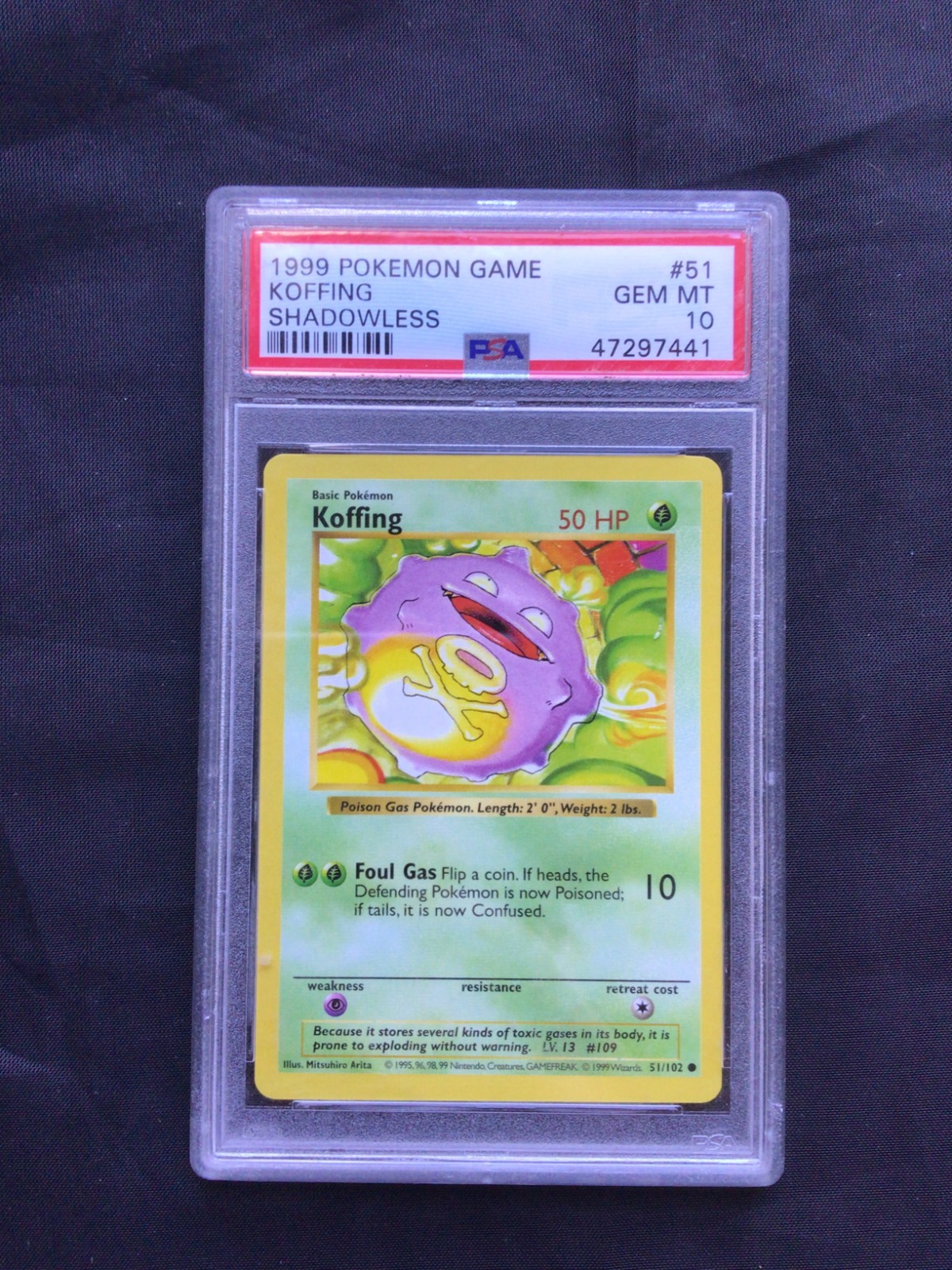 Pokemon Cards: Base Set Shadowless Common: Koffing 51/102 PSA 10 Pokemon Cards: Base Set Shadowless Common: Koffing 51/102 PSA 10