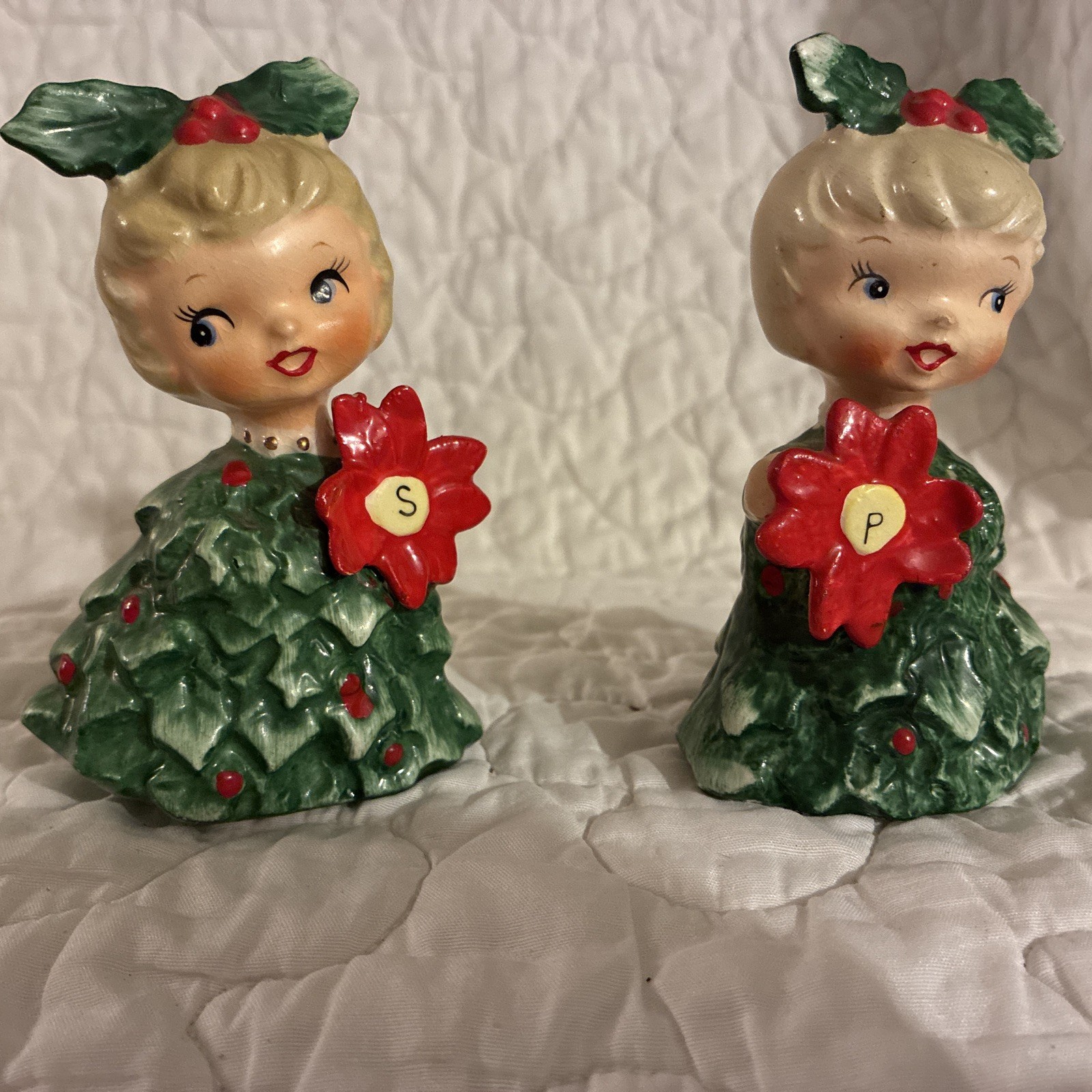 Vintage Holt Howard Christmas Girl Salt Pepper Shakers Holly Dress #6216 w/Plugs Vintage Holt Howard Christmas Girl Salt Pepper Shakers Holly Dress #6216 w/Plugs