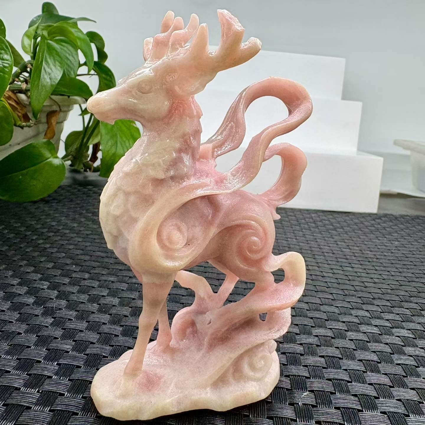 1pc Natural Pink Opal Quartz Carved Immortal Deer Skull Crystal Reiki Decor