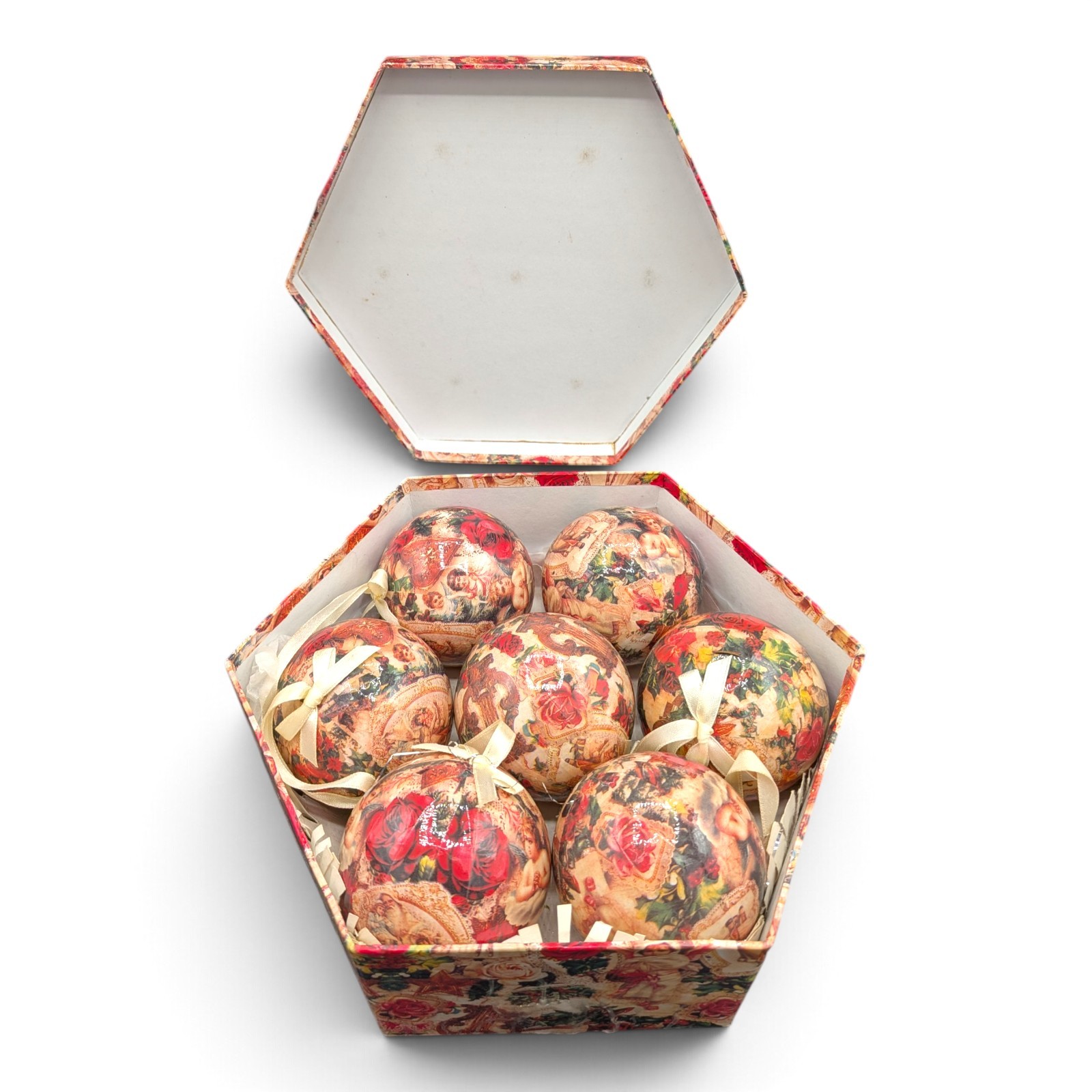 Box of (6) Vtg. Victorian Decoupage Paper Mache Christmas Tree Ornaments 2 3/4\ Box of (6) Vtg. Victorian Decoupage Paper Mache Christmas Tree Ornaments 2 3/4\