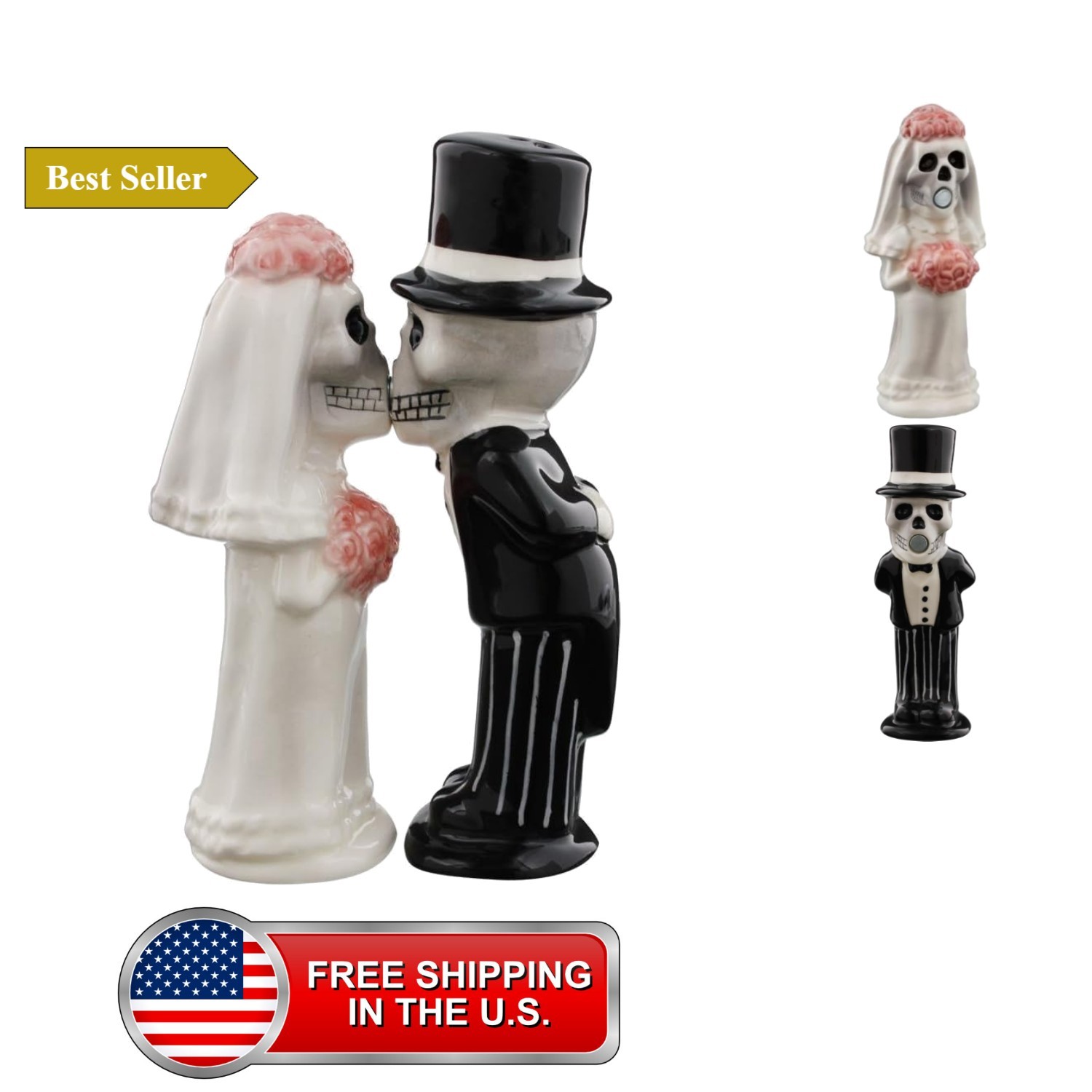 Love Never Dies Skeleton Bride and Groom Kissing Magnetic Salt and Pepper Sha...